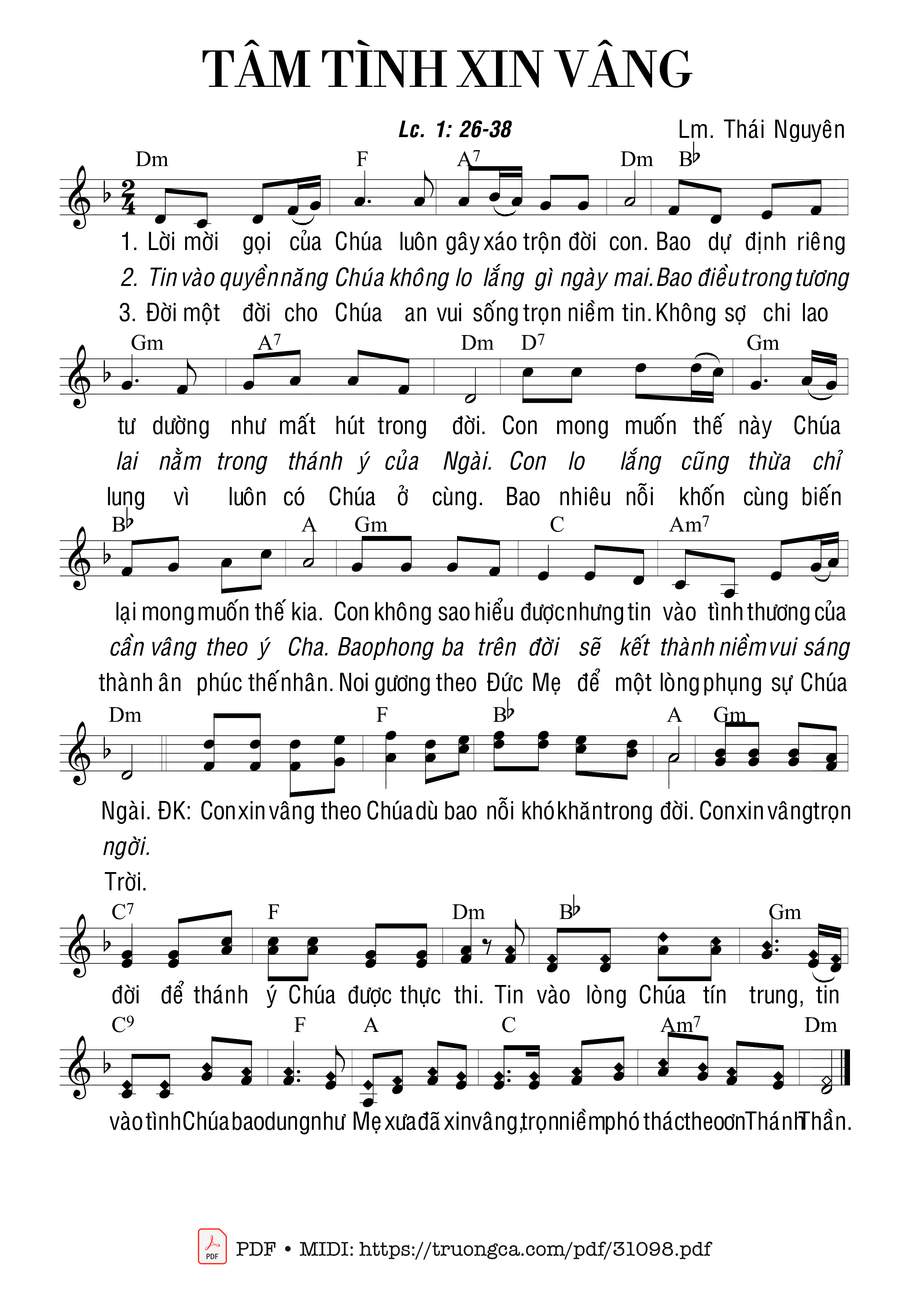 Page 1 of Sheet music PDF Tâm tình xin vâng (Lc. 1: 26-38) - Lm. Thái Nguyên