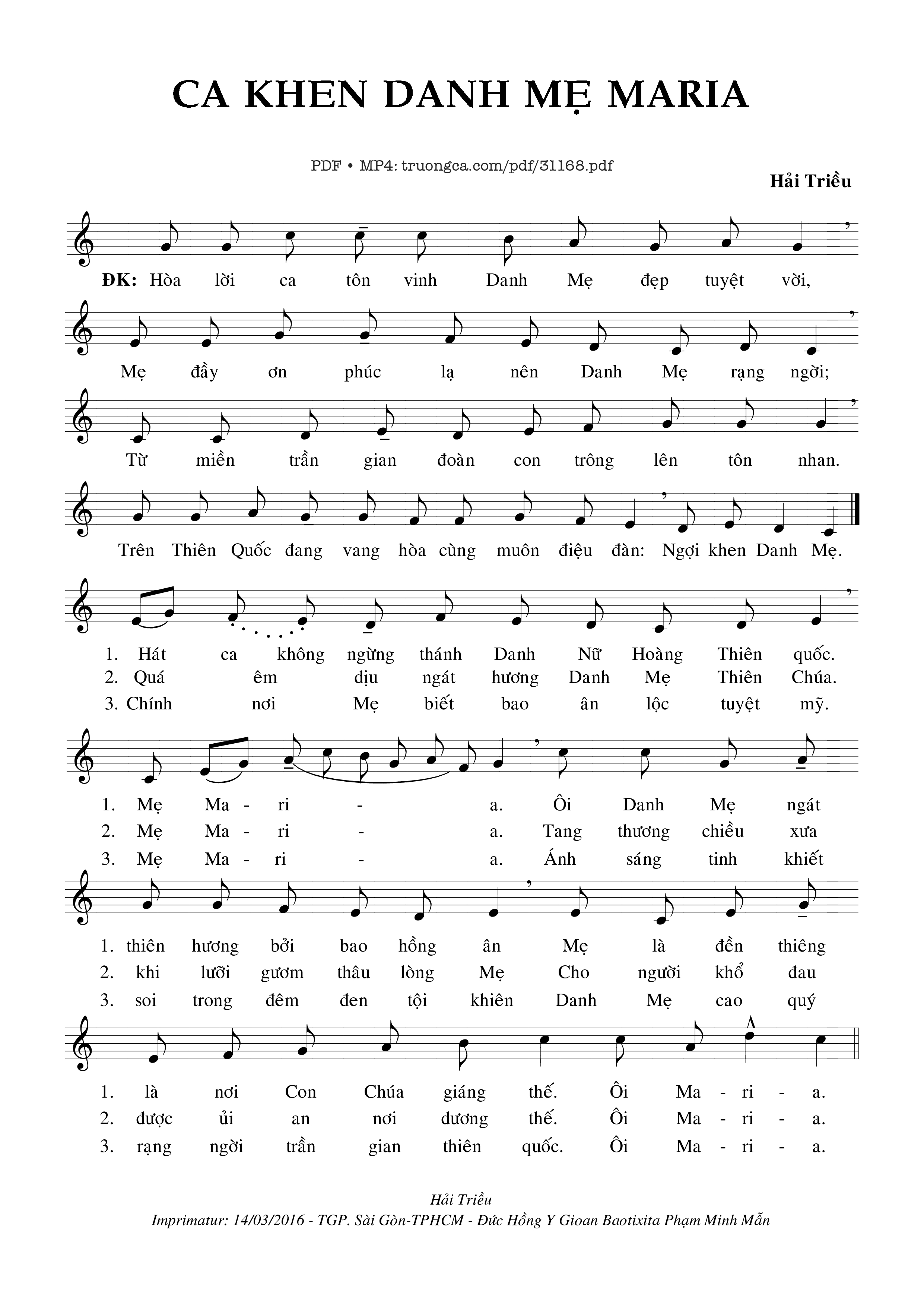 Page 1 of Sheet music PDF Ca Khen Danh Mẹ Maria - Hải Triều
