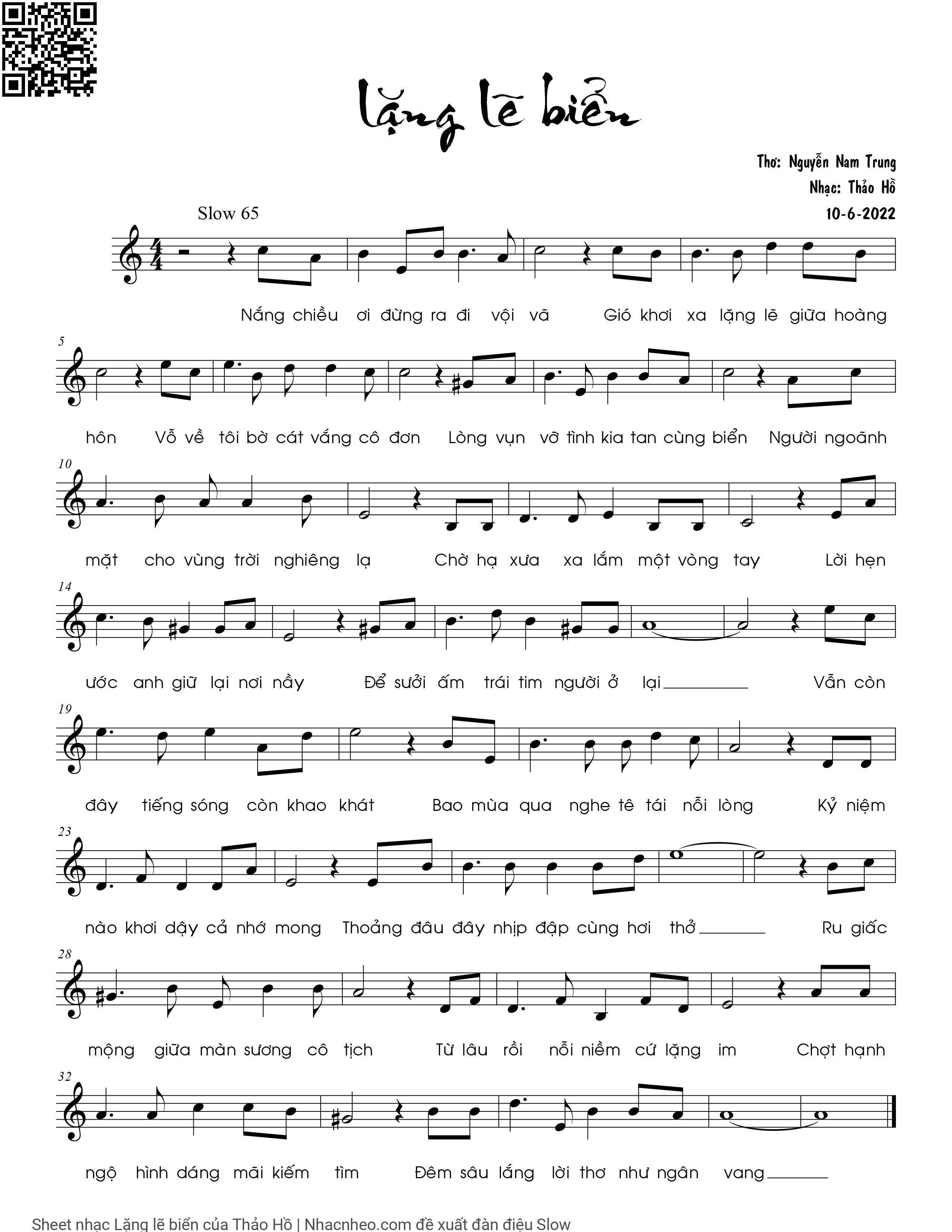 Page 1 of Sheet music PDF Lặng lẽ biển - Thảo Hồ