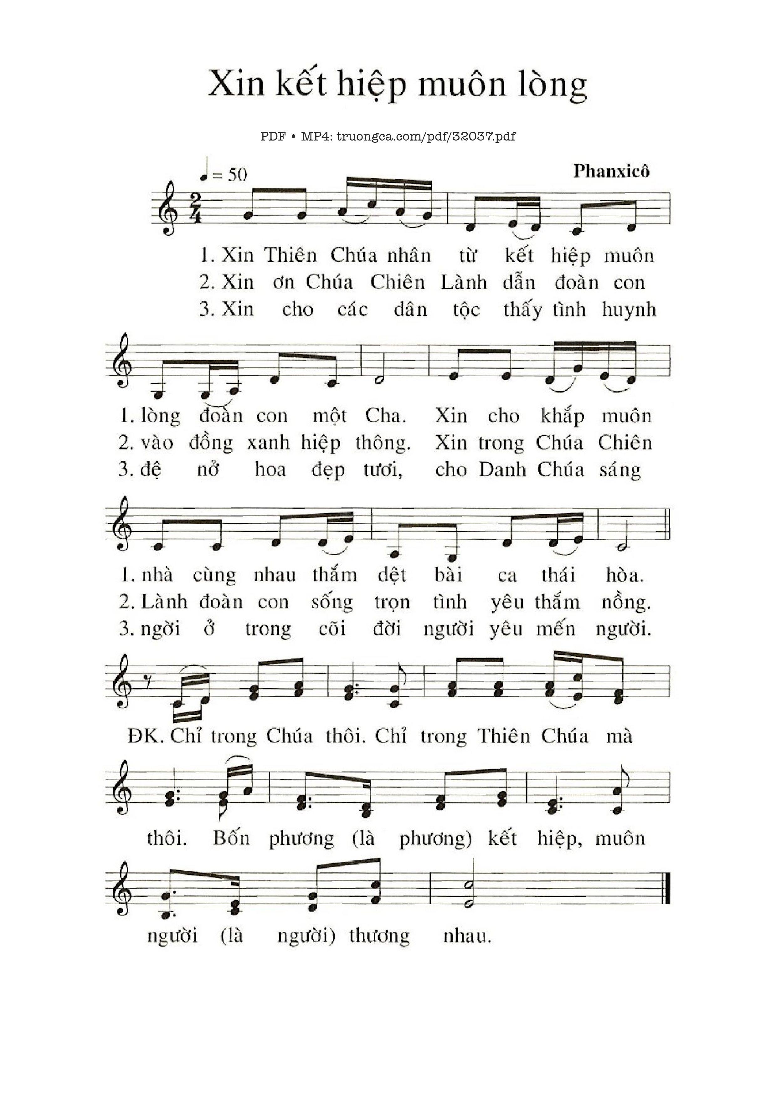 Sheet PDF of Xin Kết Hợp Muôn Lòng