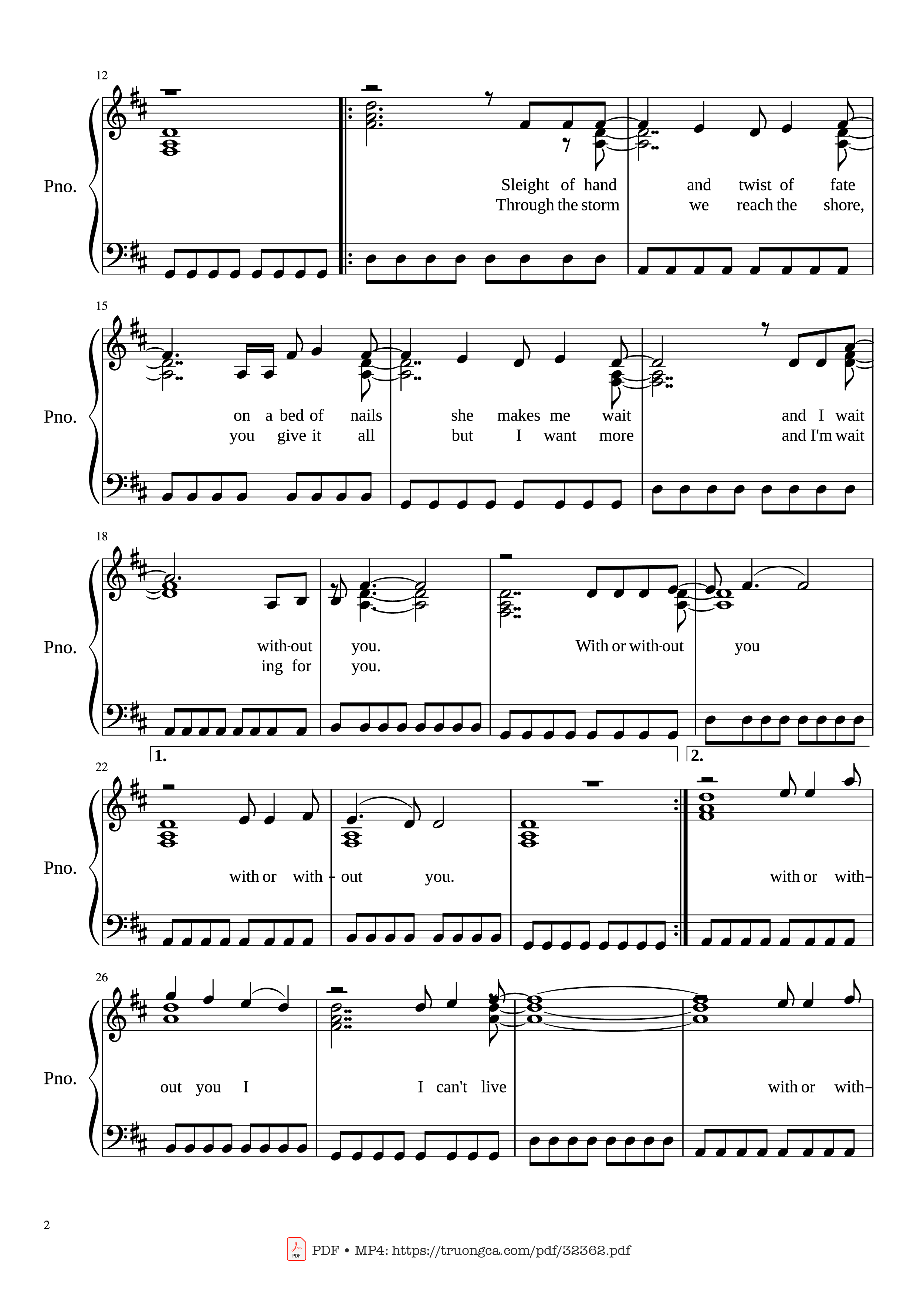 Page 2 of Sheet music PDF Piano With or Without You Piano - U2