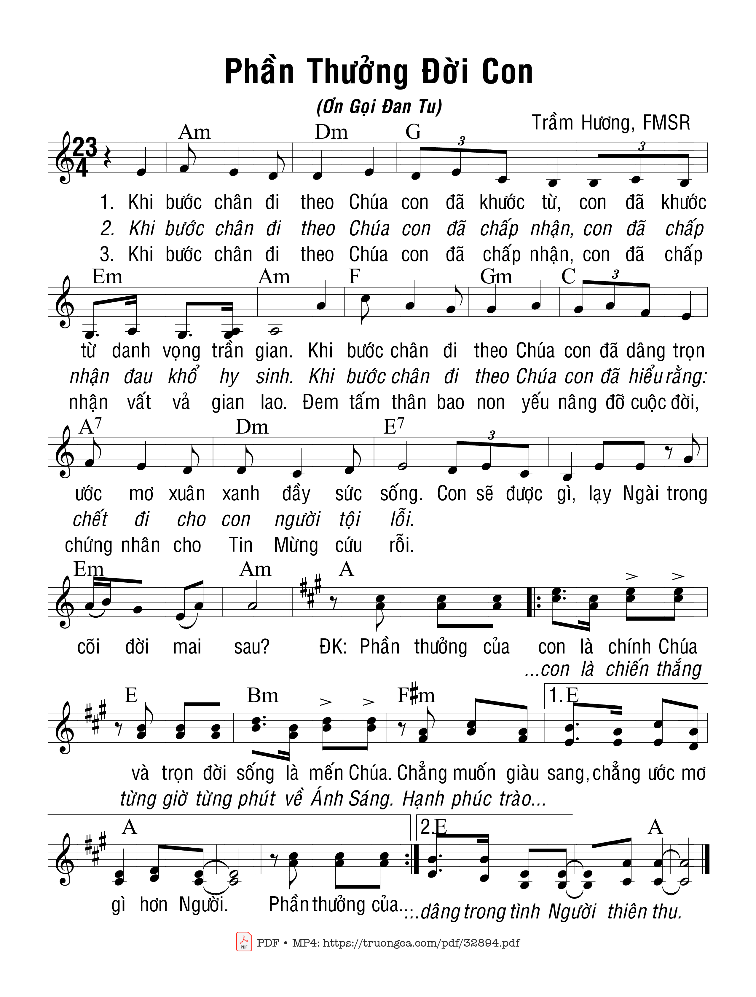 Page 1 of Sheet music PDF Phần Thưởng Đời Con - Trầm Hương