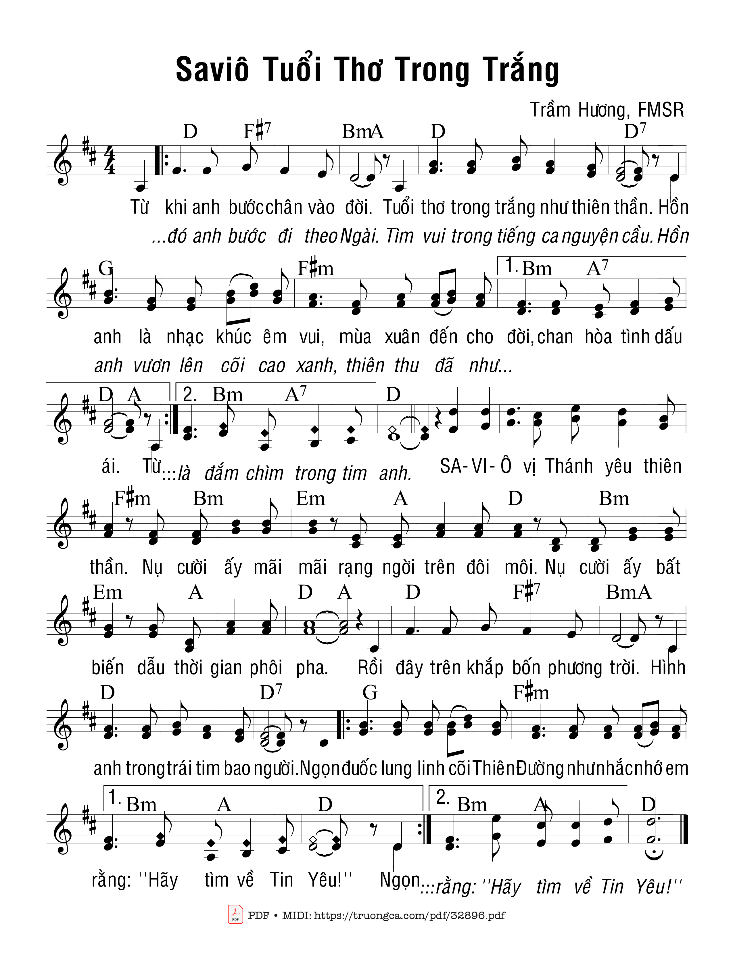 Sheet PDF of Savio Tuổi Thơ Trong Trắng