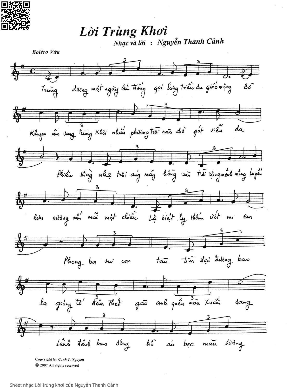 Page 1 of Sheet music PDF Lời trùng khơi - Nguyễn Thanh Cảnh
