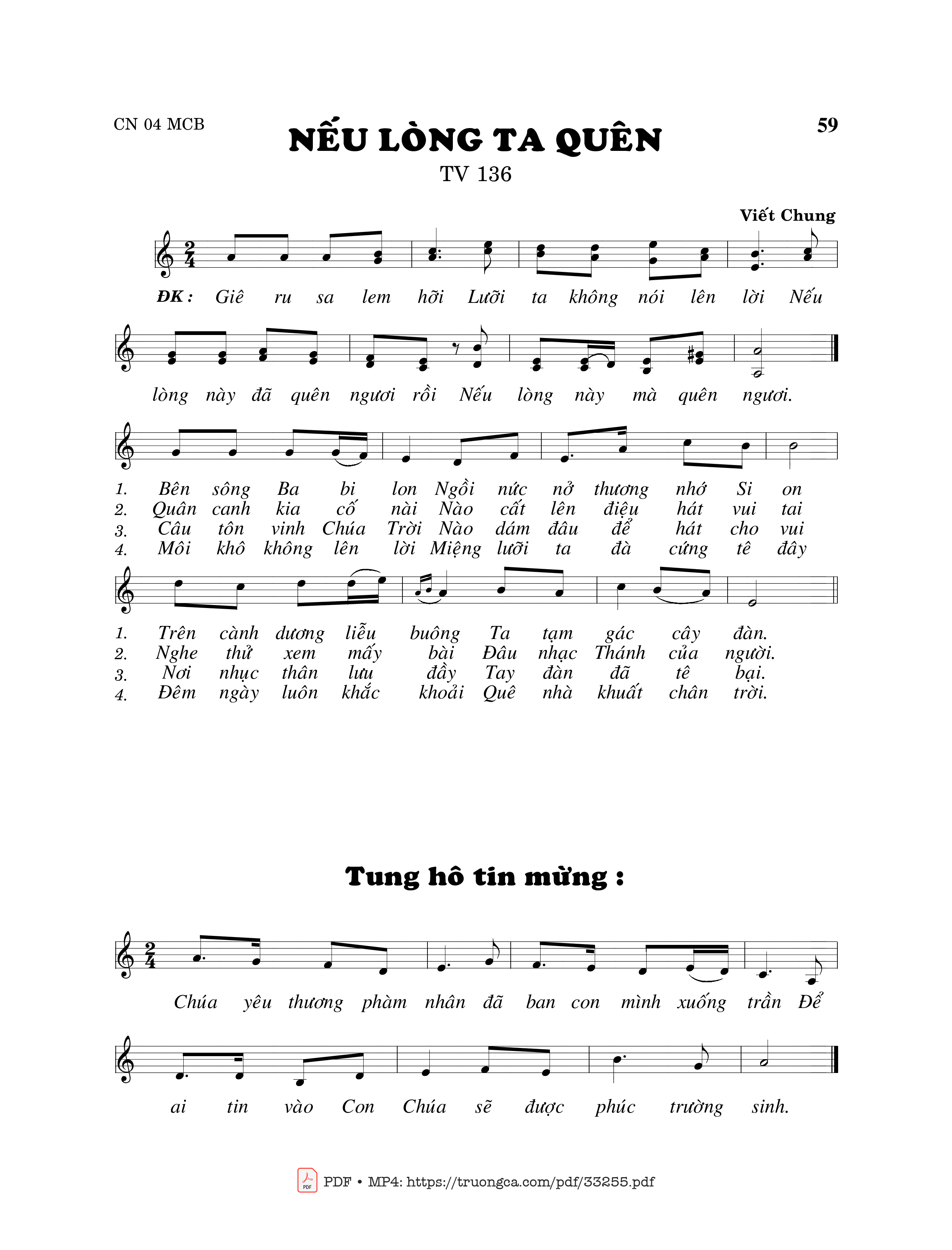 Sheet PDF of Thánh Vịnh 136, Nếu Lòng Ta Quên