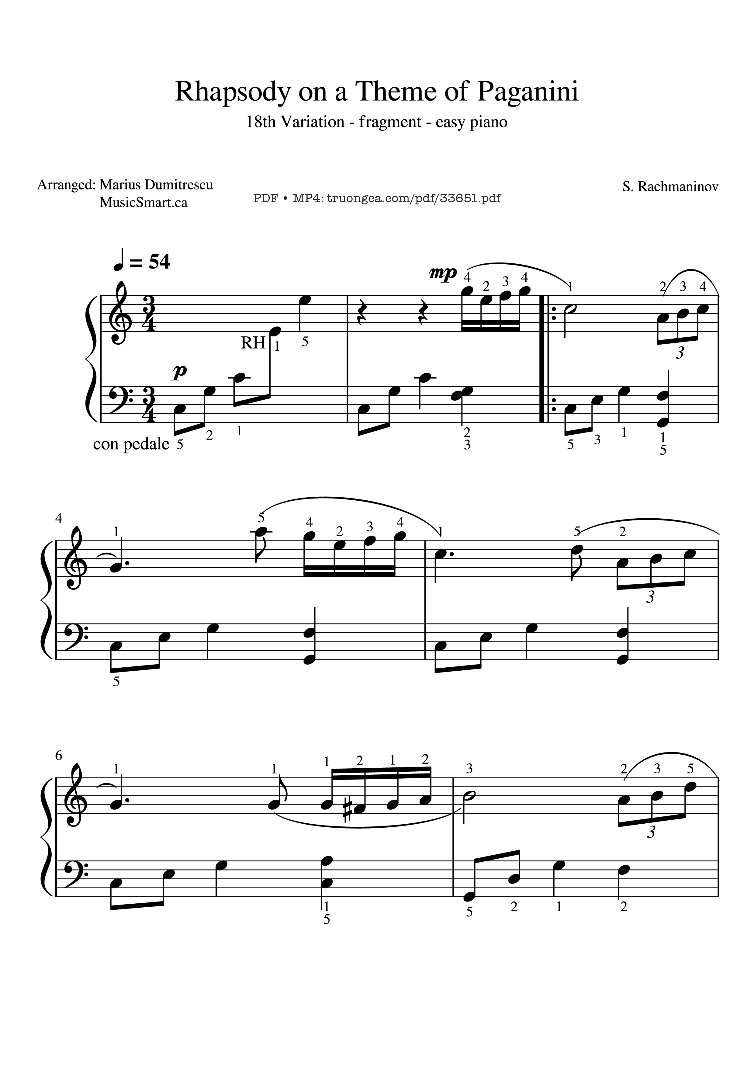 Sheet PDF of Rhapsody on a Theme of Paganini -18th Variation Piano (With Fingering)