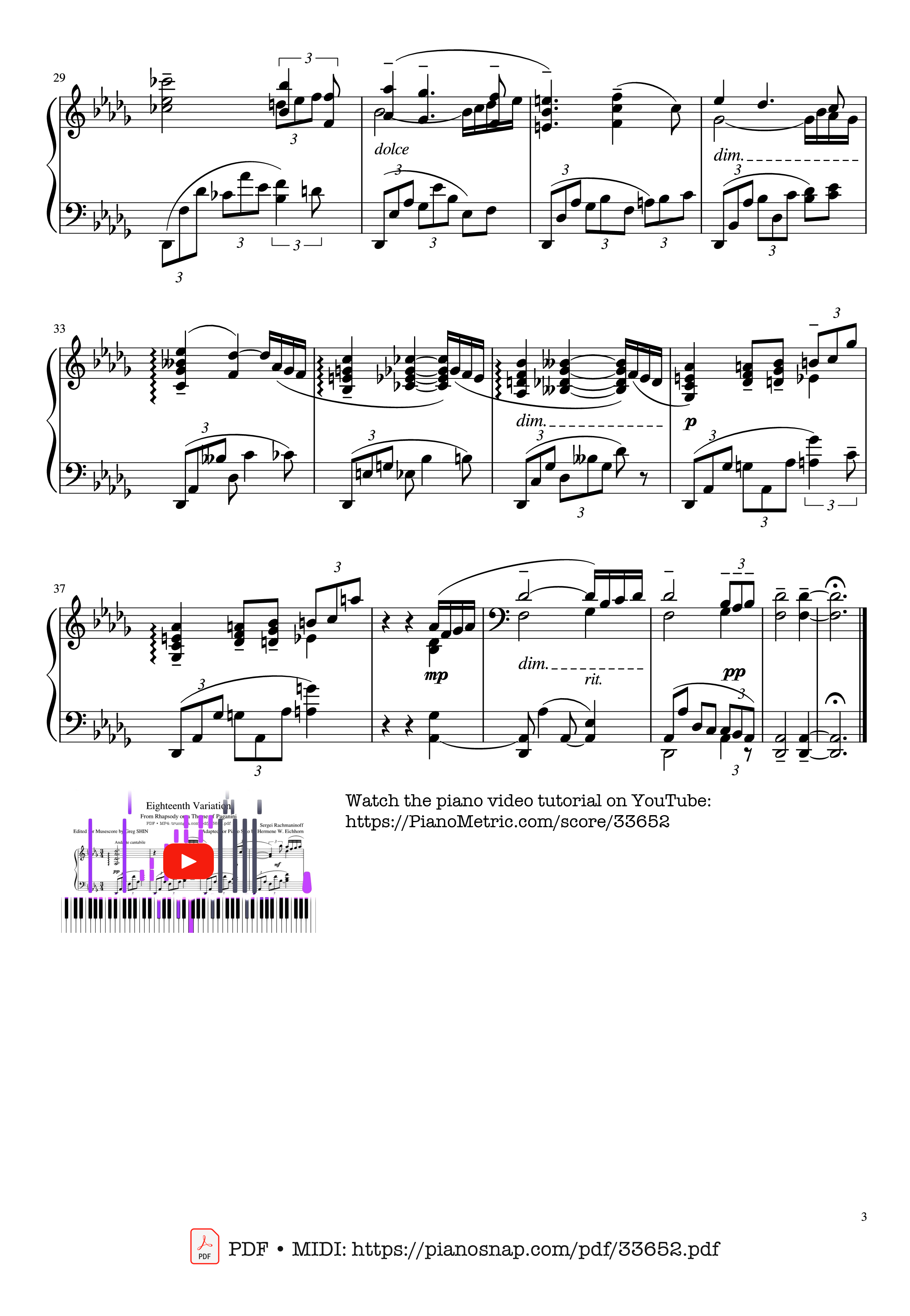 Page 3 of Sheet music PDF Piano Rhapsody on a Theme of Paganini - 18th Variation Rachmaninov - Sergei Rachmaninoff