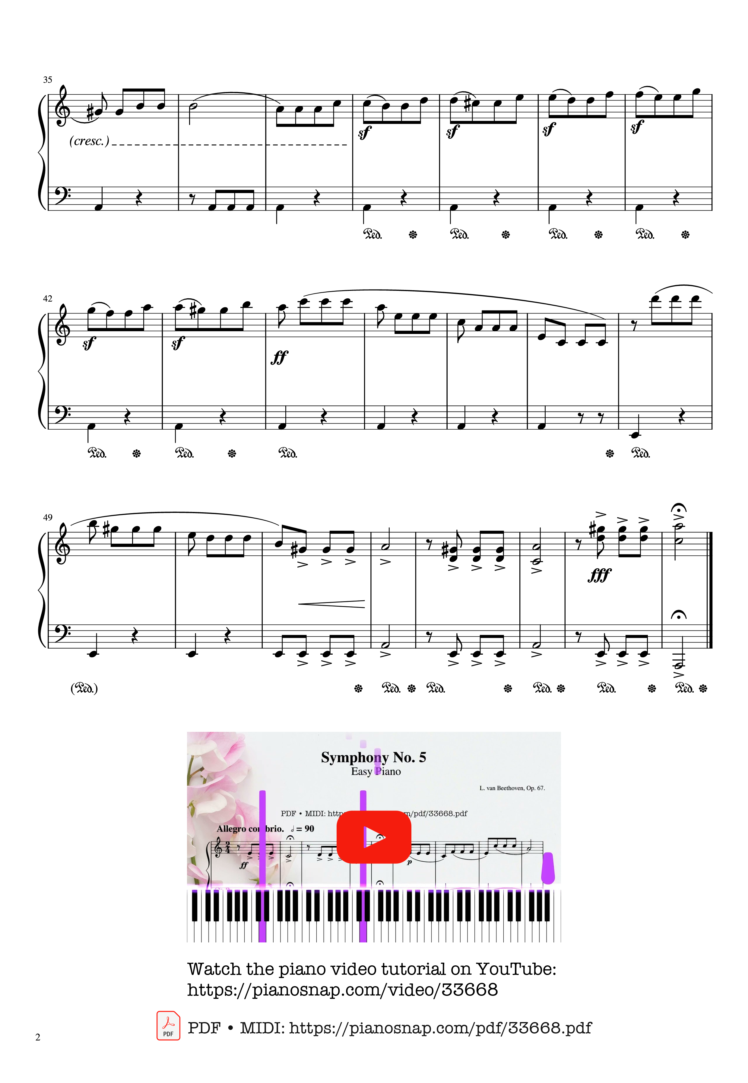 Page 2 of Sheet music PDF Piano Beethoven Symphony No. 5 Piano EASY - Ludwig van Beethoven