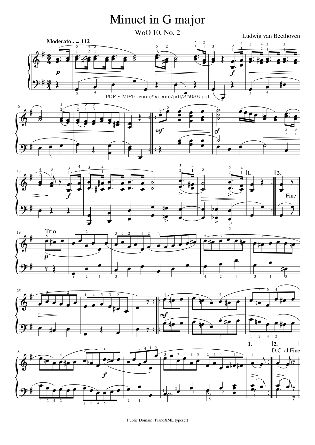 Sheet PDF of Beethoven Minuet in G Piano