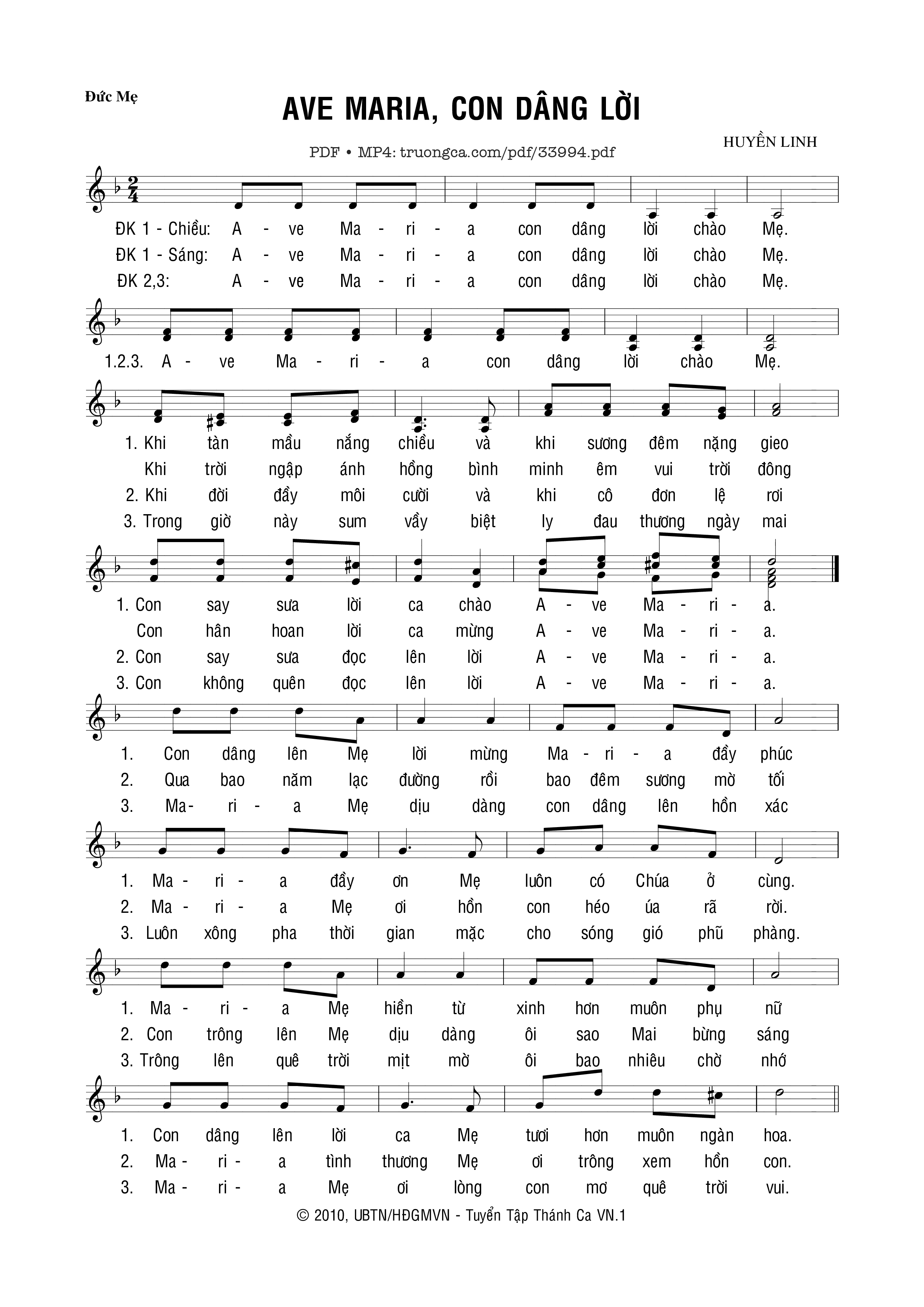 Sheet PDF of Ave Maria, Con Dâng Lời