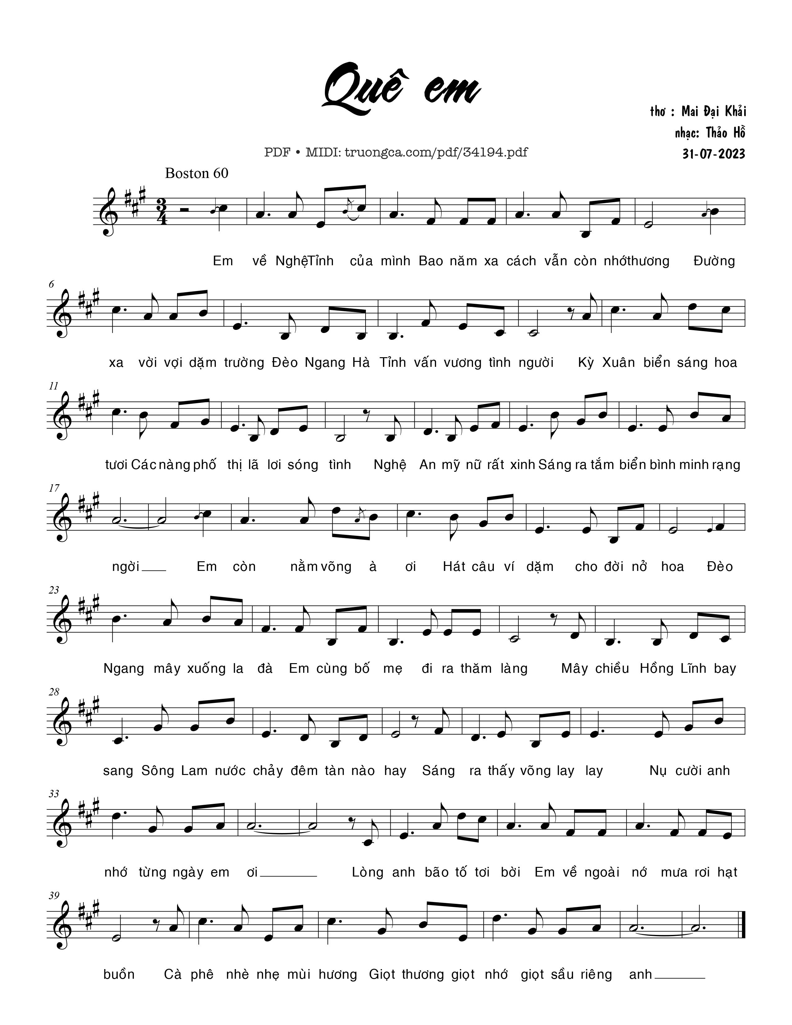 Page 1 of Sheet music PDF Quê em - Thảo Hồ