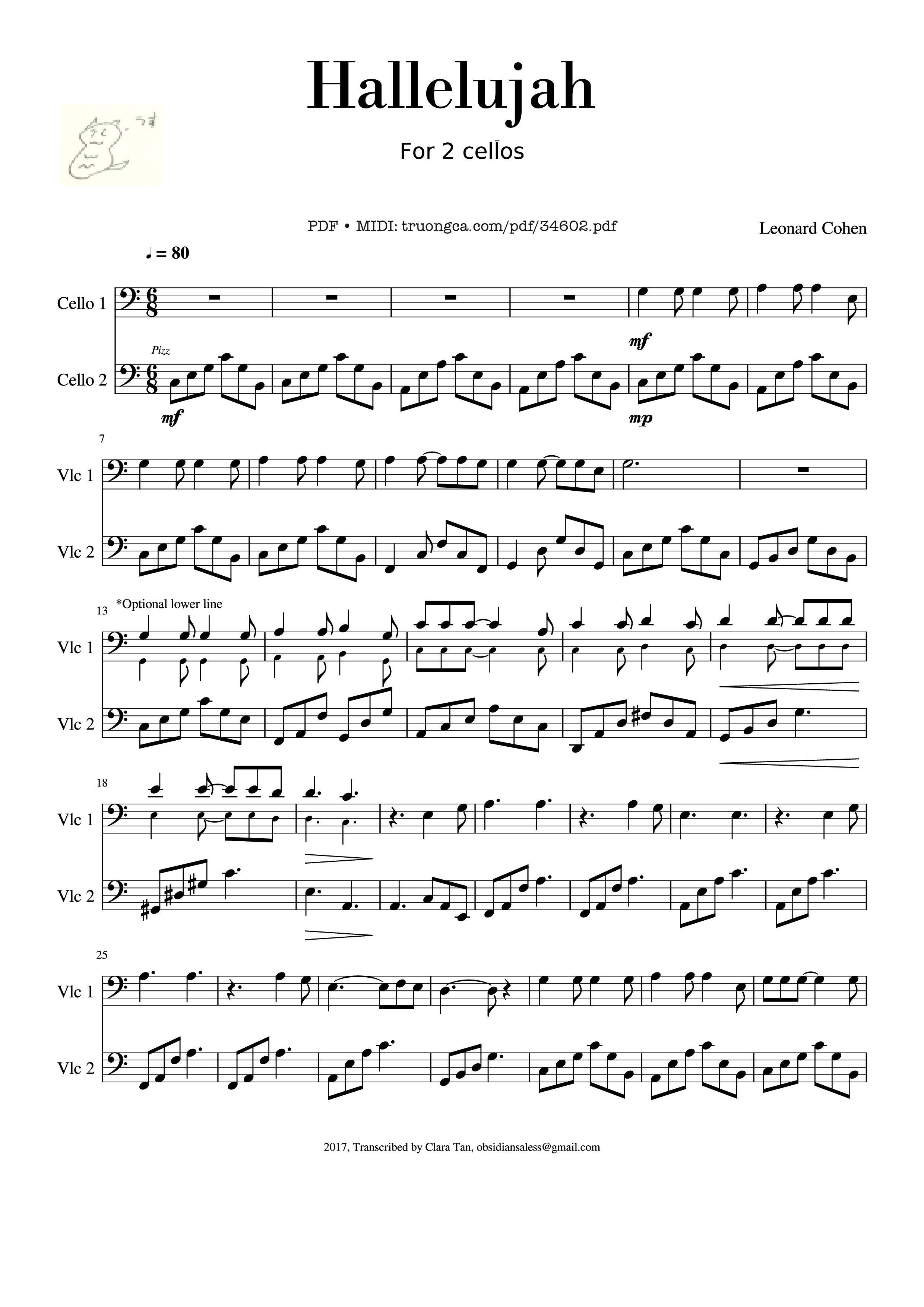 Sheet PDF of Hallelujah For 2 cellos