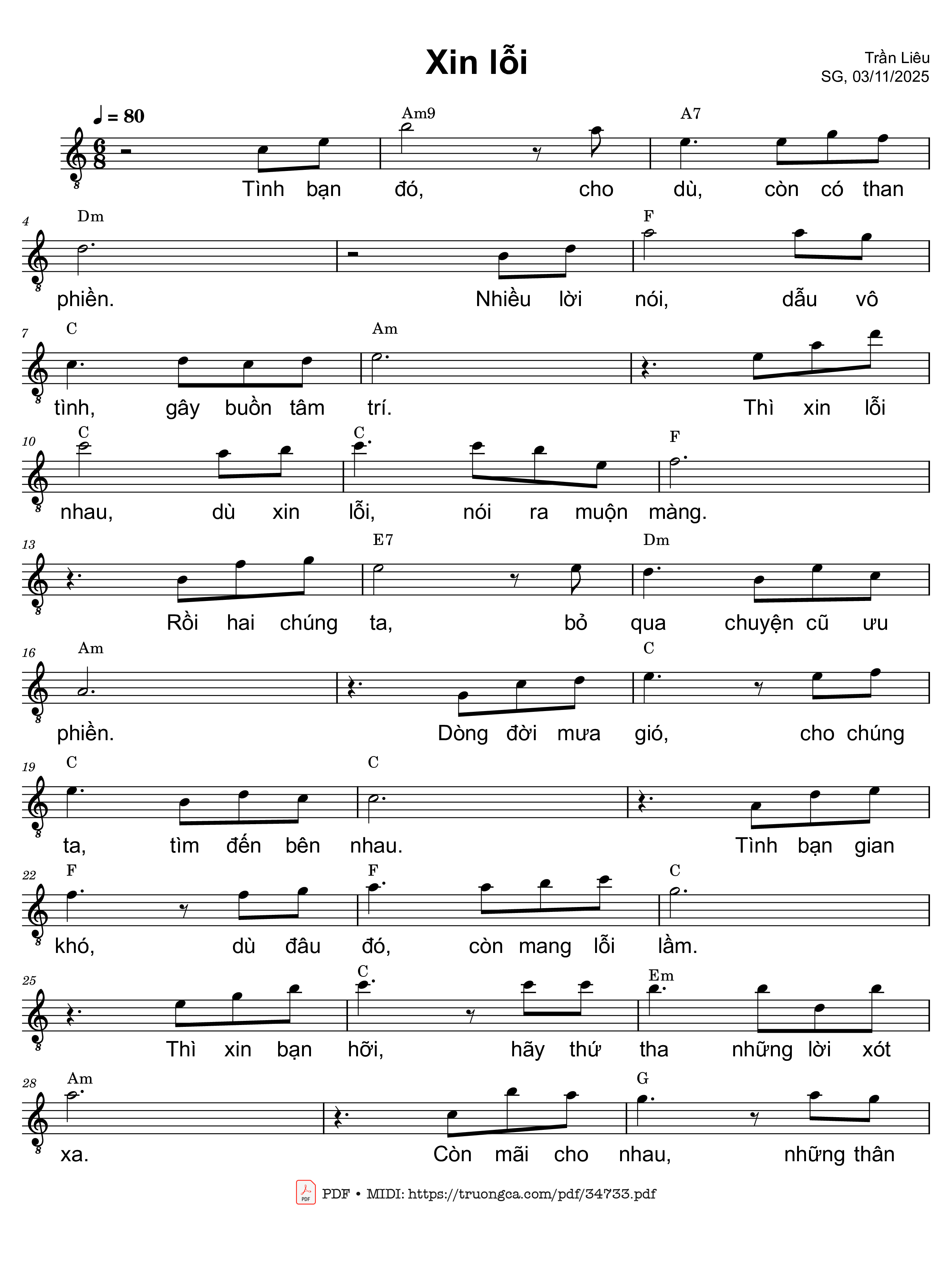 Page 1 of Sheet music PDF Xin lỗi - Trần Liêu
