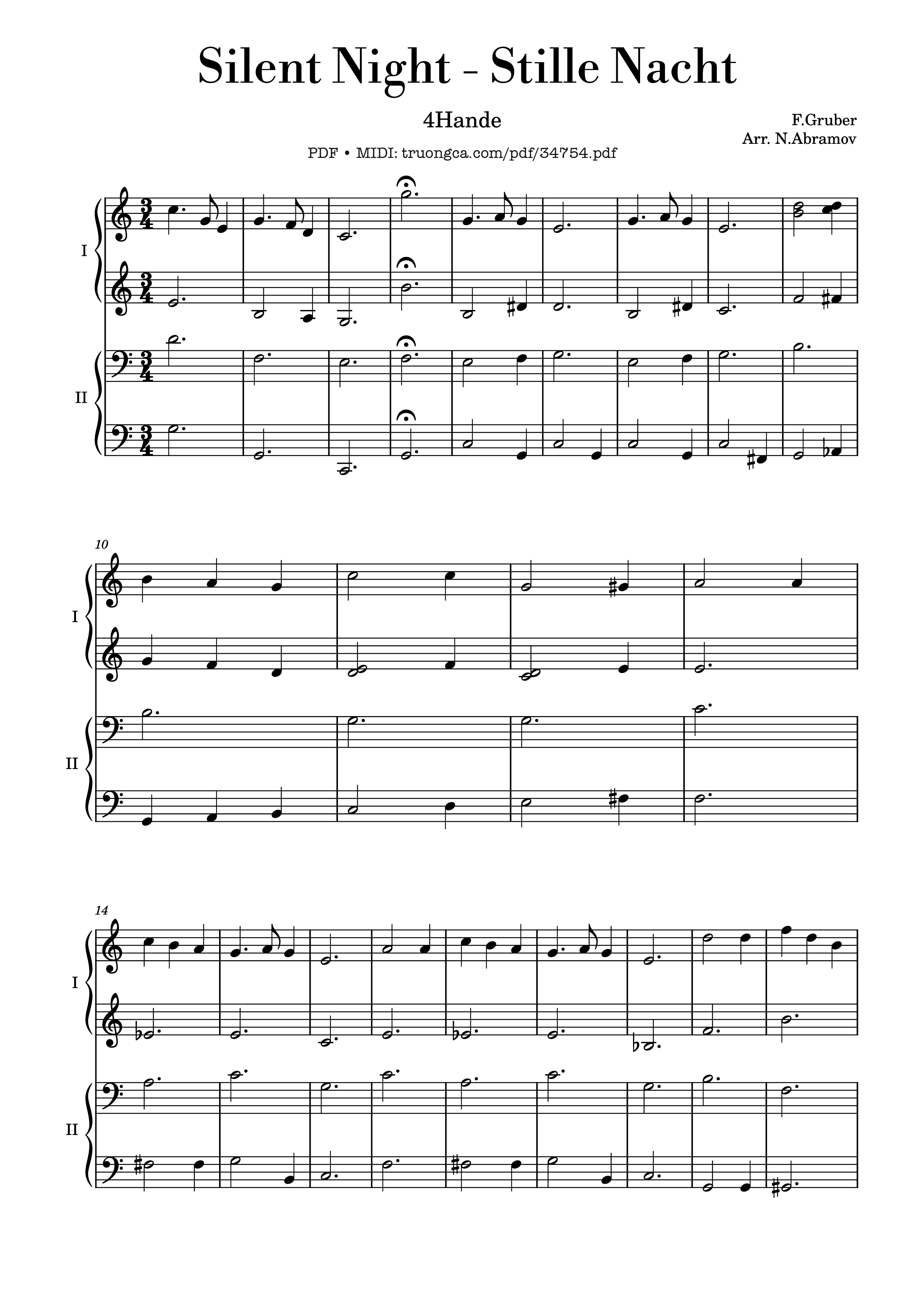 Sheet PDF of Silent Night, Stille Nacht Piano 4 Hands