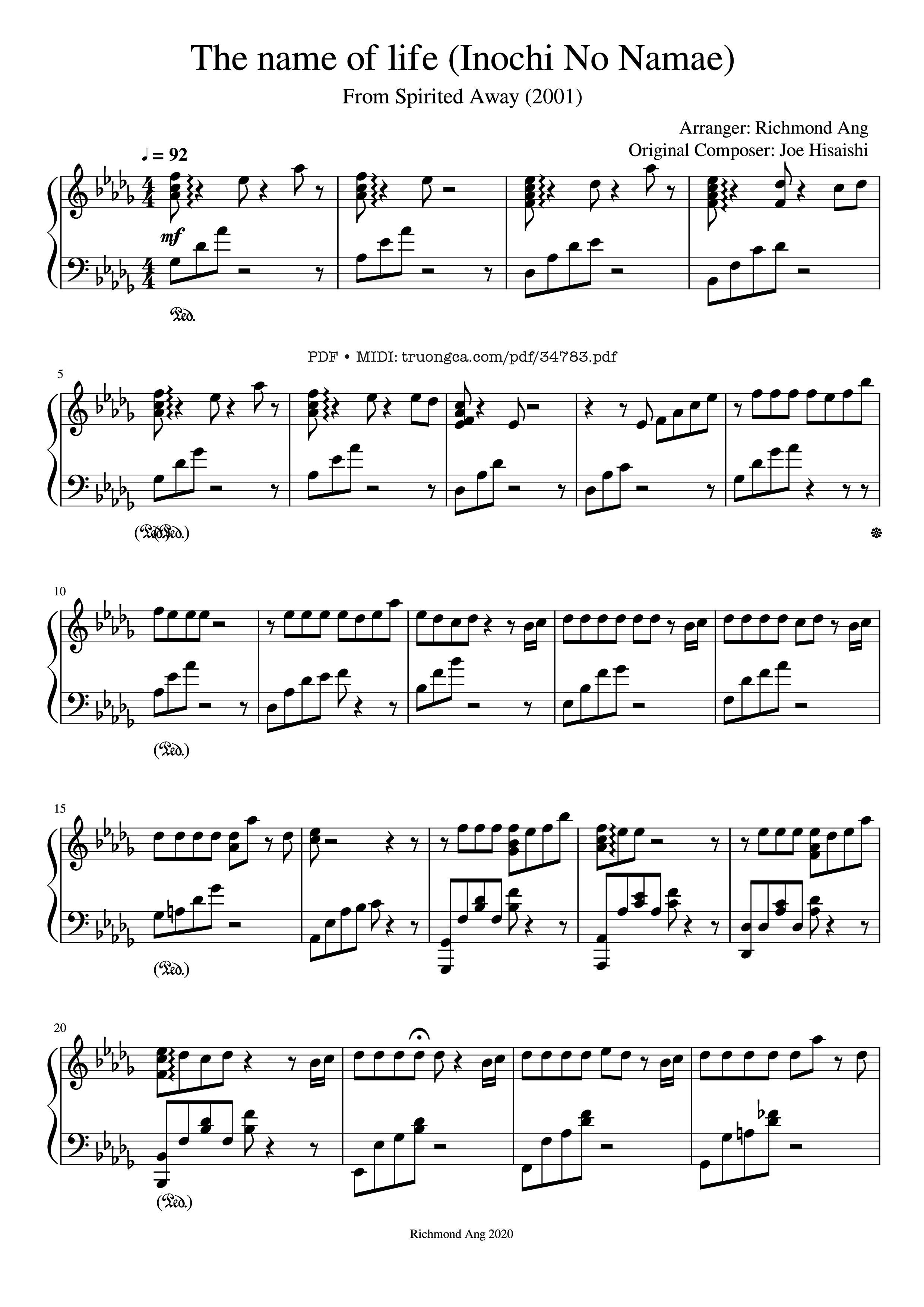 Sheet PDF of The name of life (Inochi No Namae) Piano