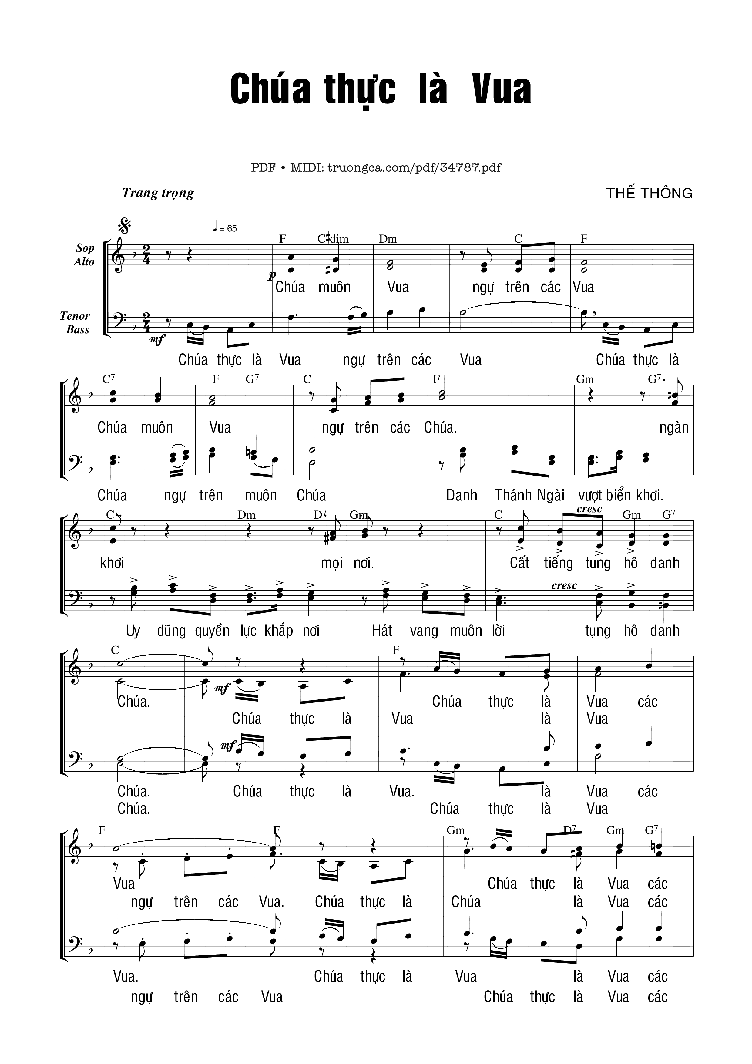 Page 1 of Sheet music PDF Chúa Thực Là Vua - Thế Thông