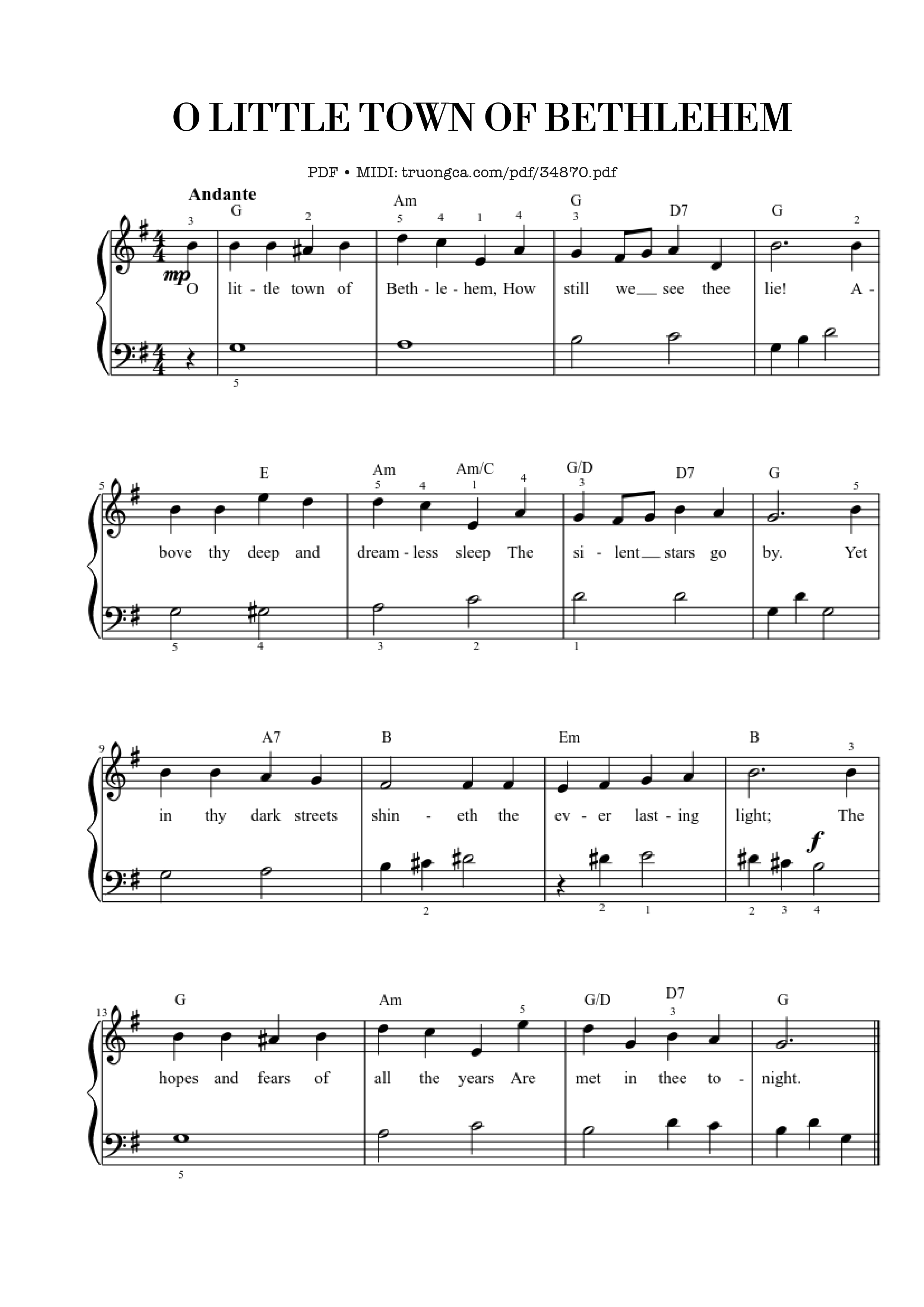 Sheet PDF of O Little Town Of Bethlehem EASY Piano
