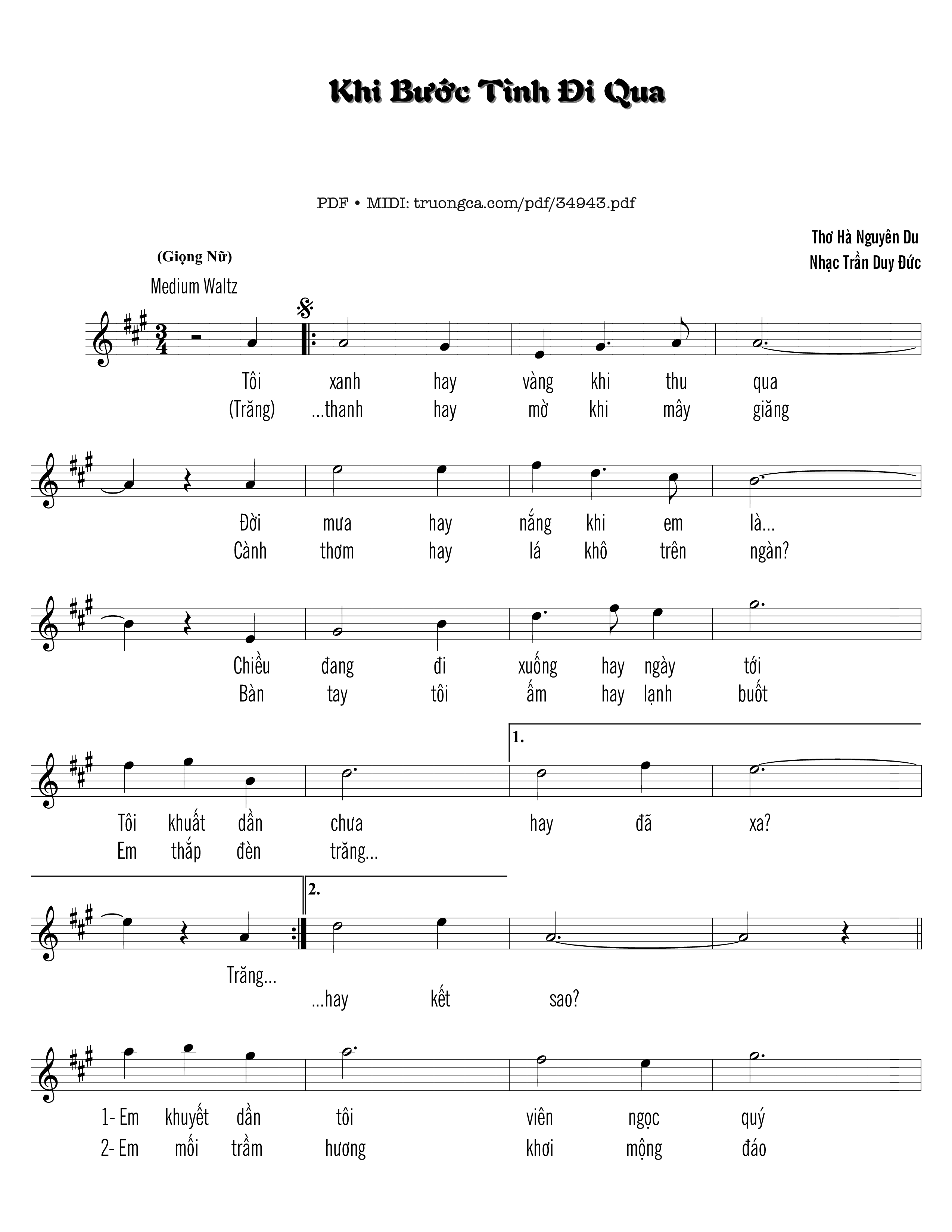 Sheet PDF of Khi bước tình đi qua