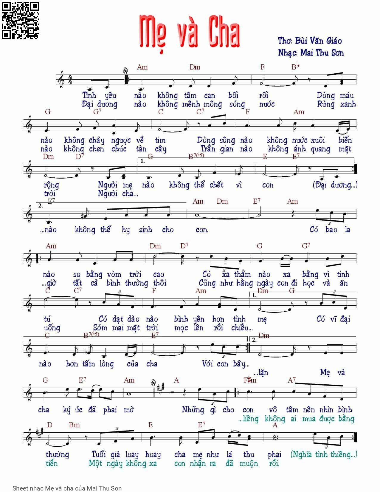 Page 1 of Sheet music PDF Mẹ và cha - Mai Thu Sơn
