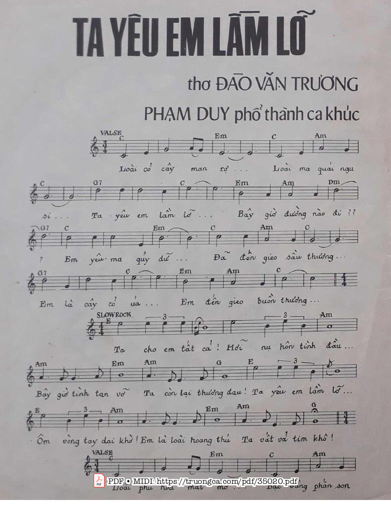 Page 1 of Sheet music PDF Ta Yêu Em Lầm Lỡ - Đào Văn Trương