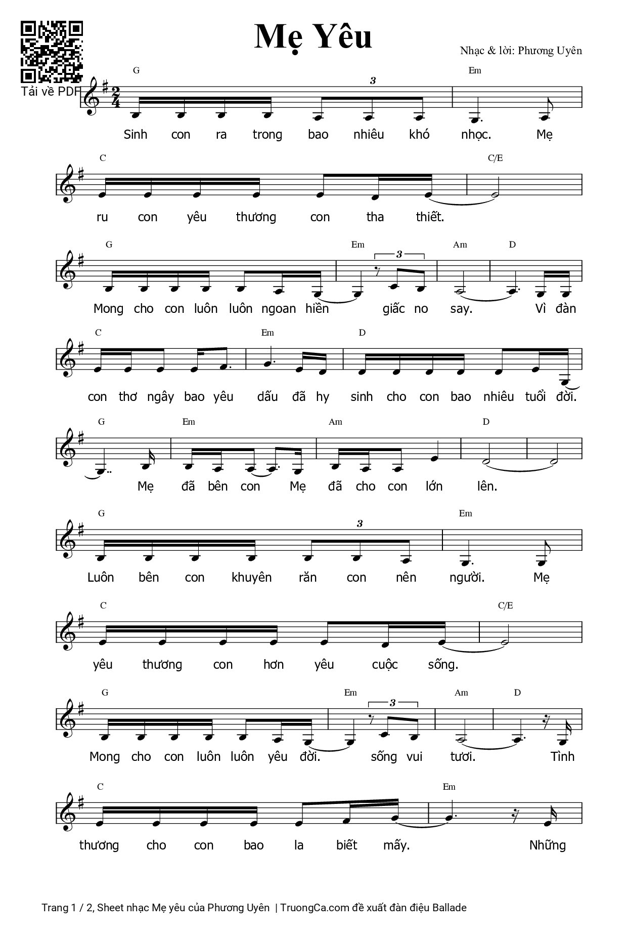 Sheet PDF of Mẹ yêu - Phương Uyên