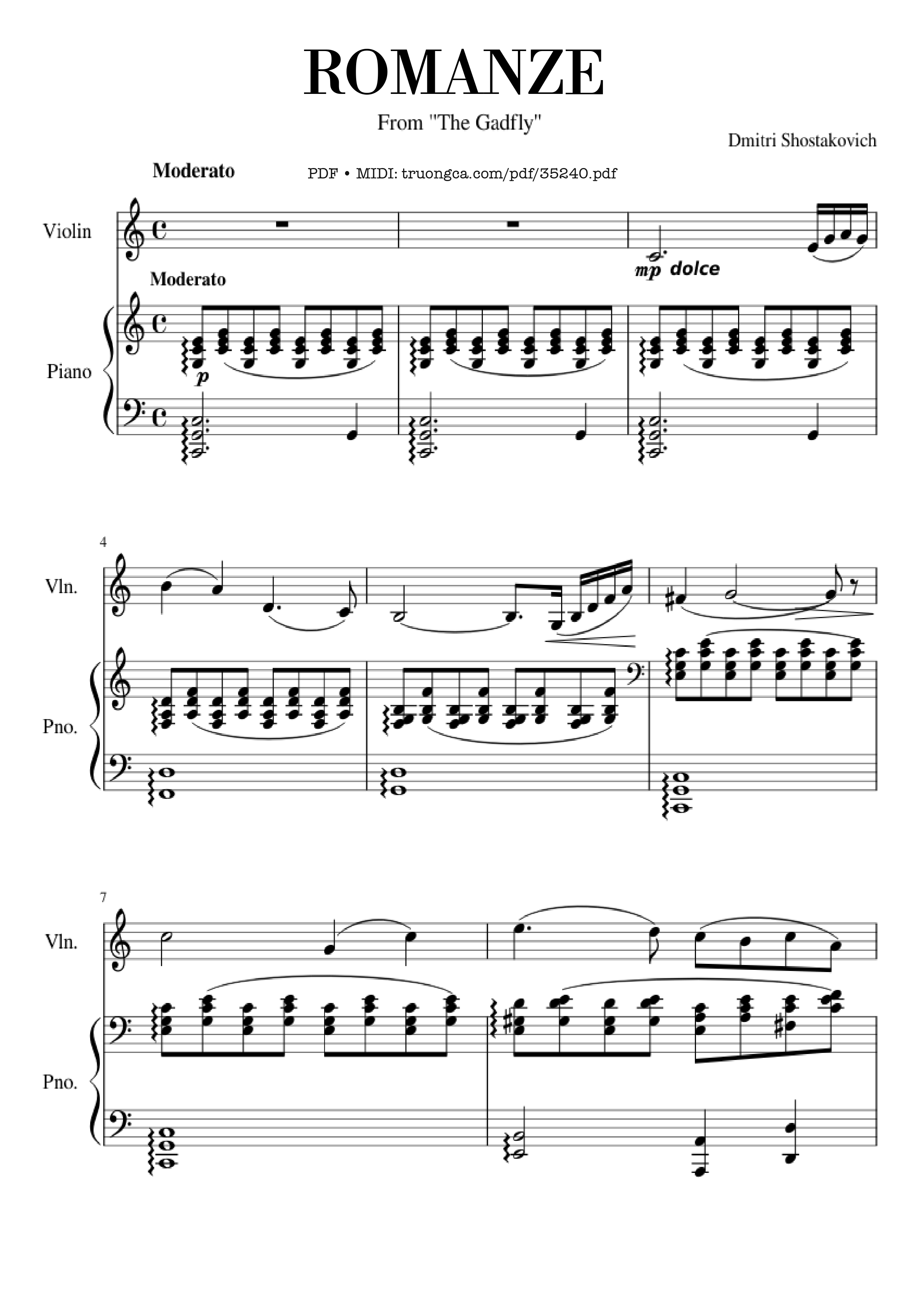 Page 1 of Sheet music PDF Piano Shostakovich Romance (From The Gadfly) Piano & Violin - Dmitri Shostakovich