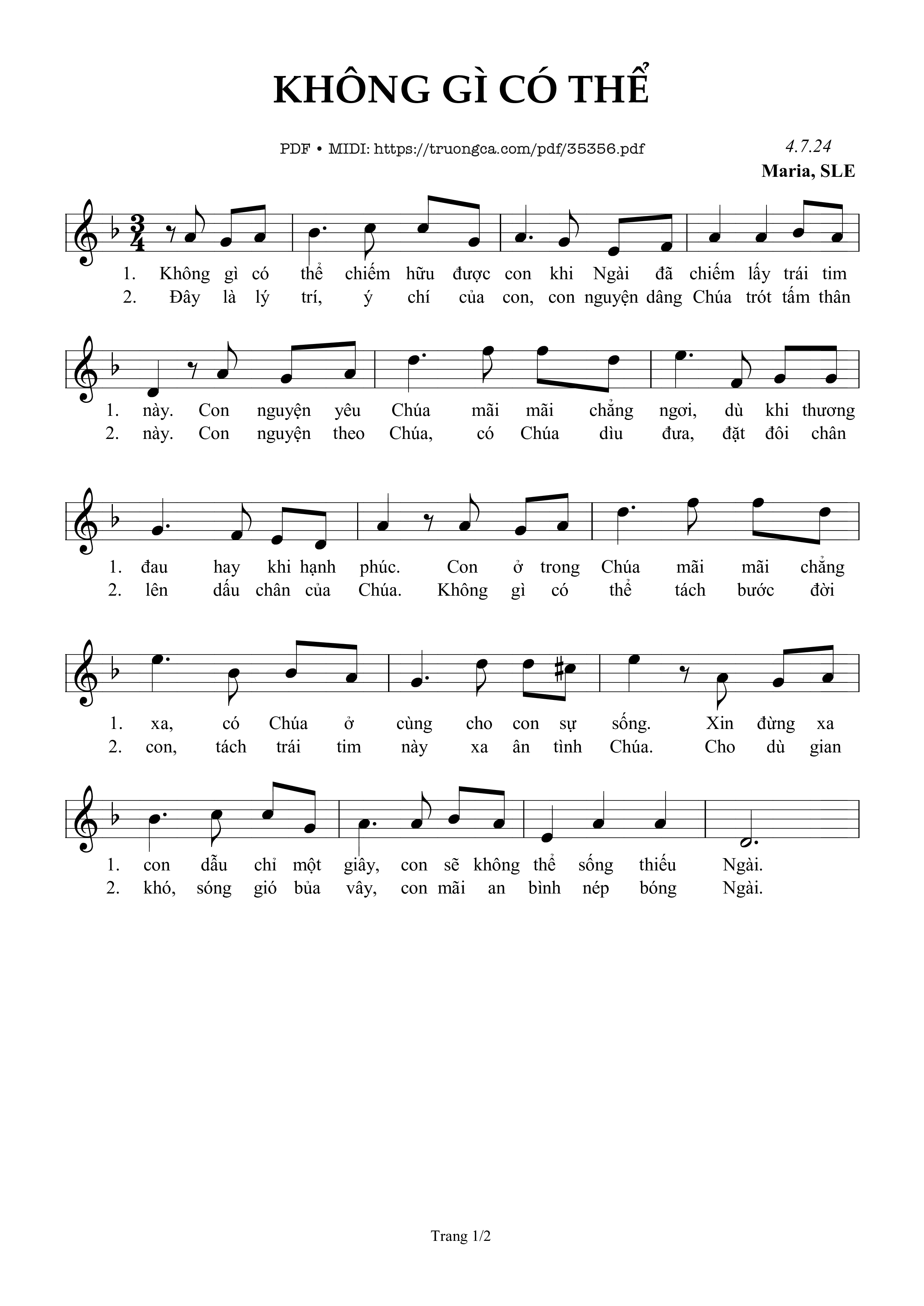 Page 1 of Sheet music PDF Không Gì Có Thể - Sr. Maria, Sle