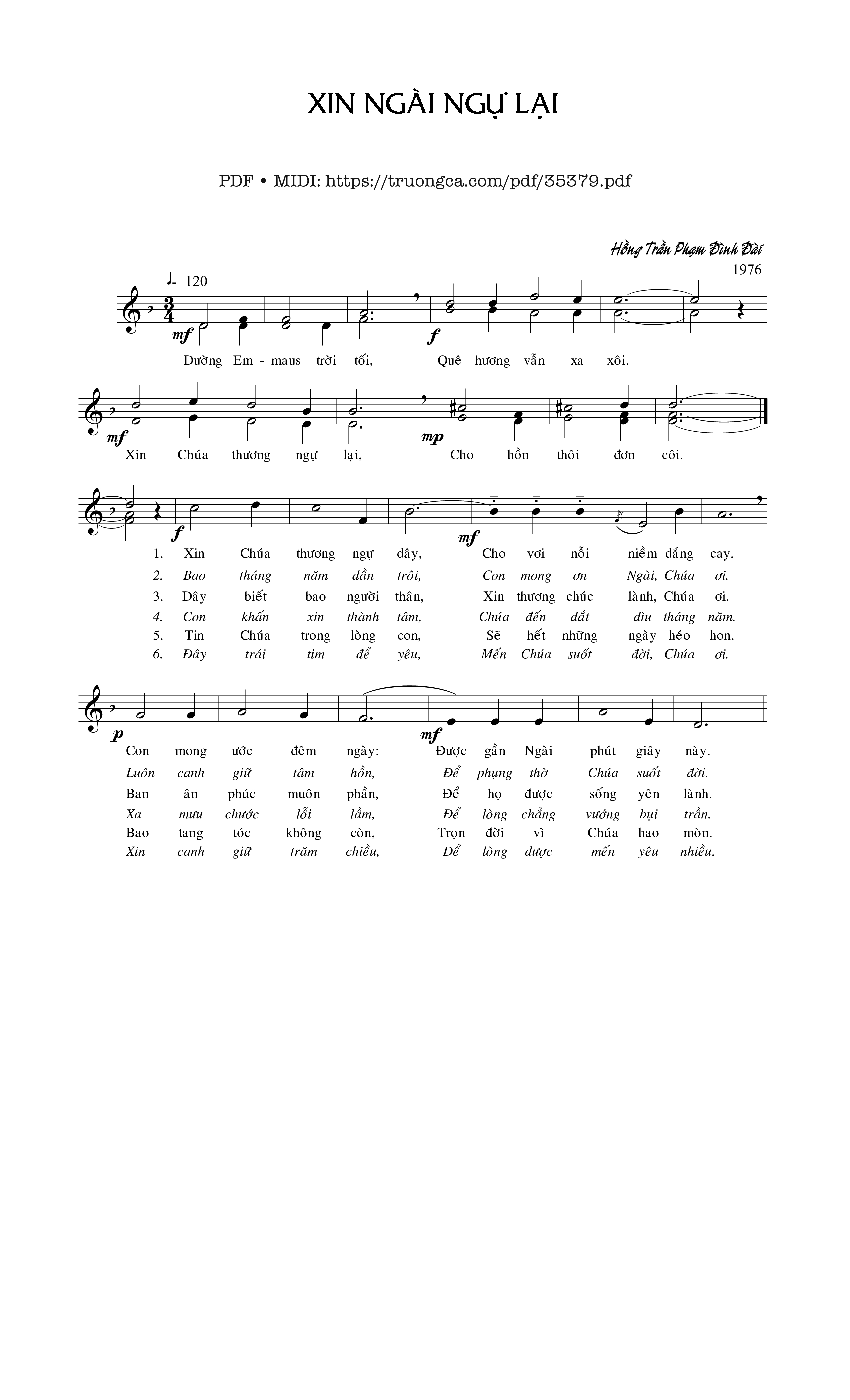 Page 1 of Sheet music PDF Xin Ngài Ngự Lại - Hồng Trần Phạm Đình Đài