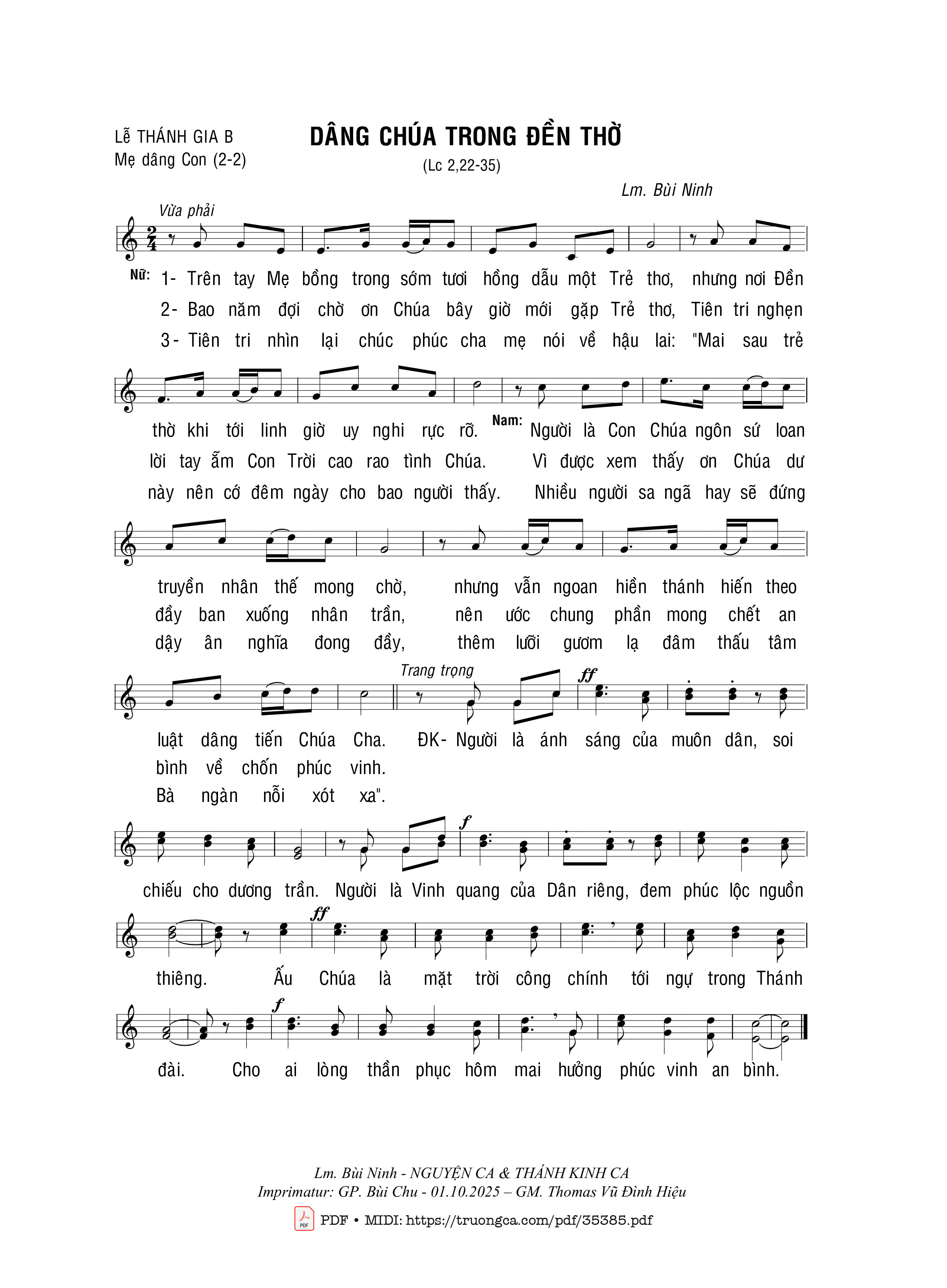 Page 1 of Sheet music PDF Dâng Chúa Trong Đền Thờ - Bùi Ninh