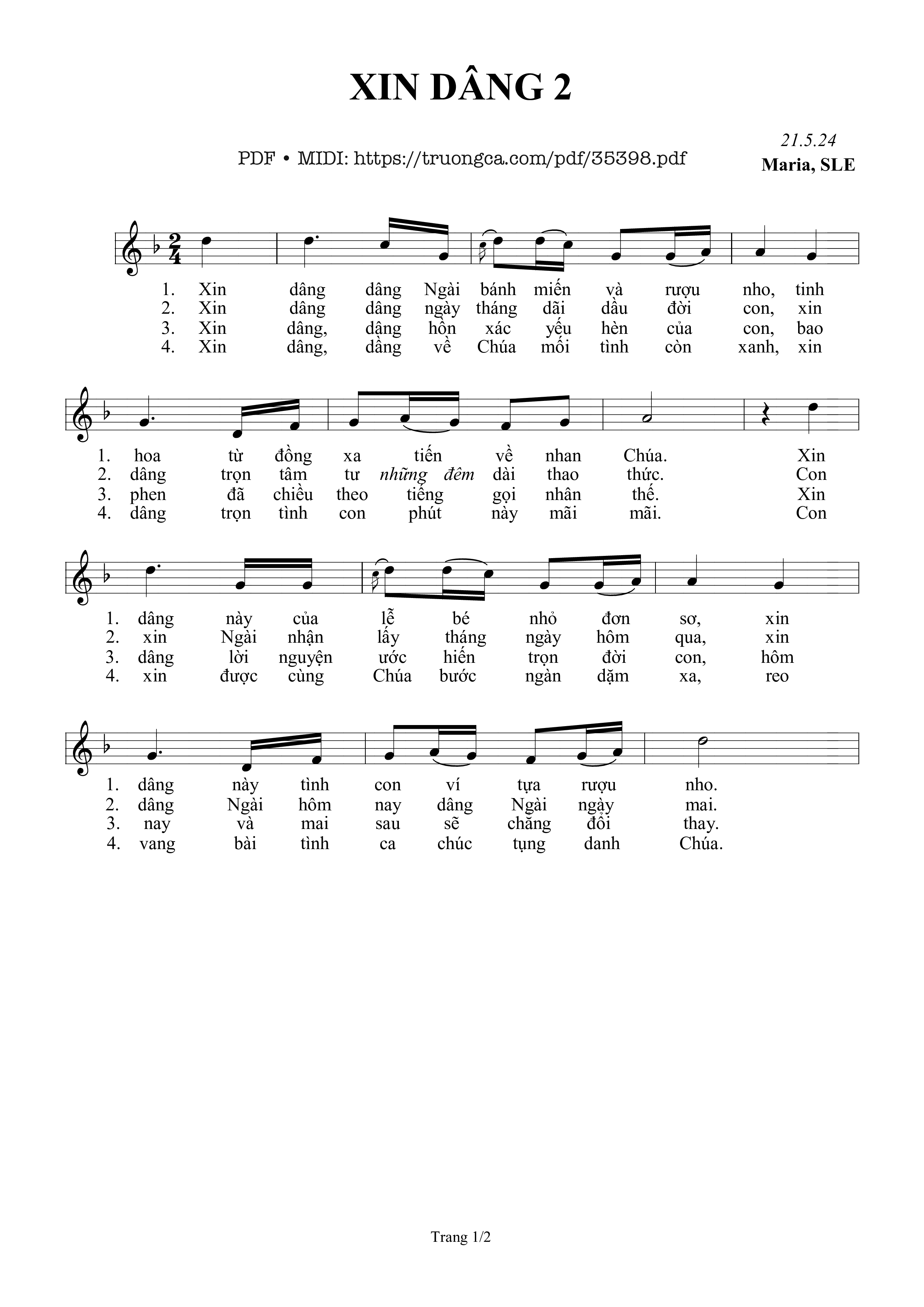 Page 1 of Sheet music PDF Xin Dâng 2 - Sr. Maria, Sle