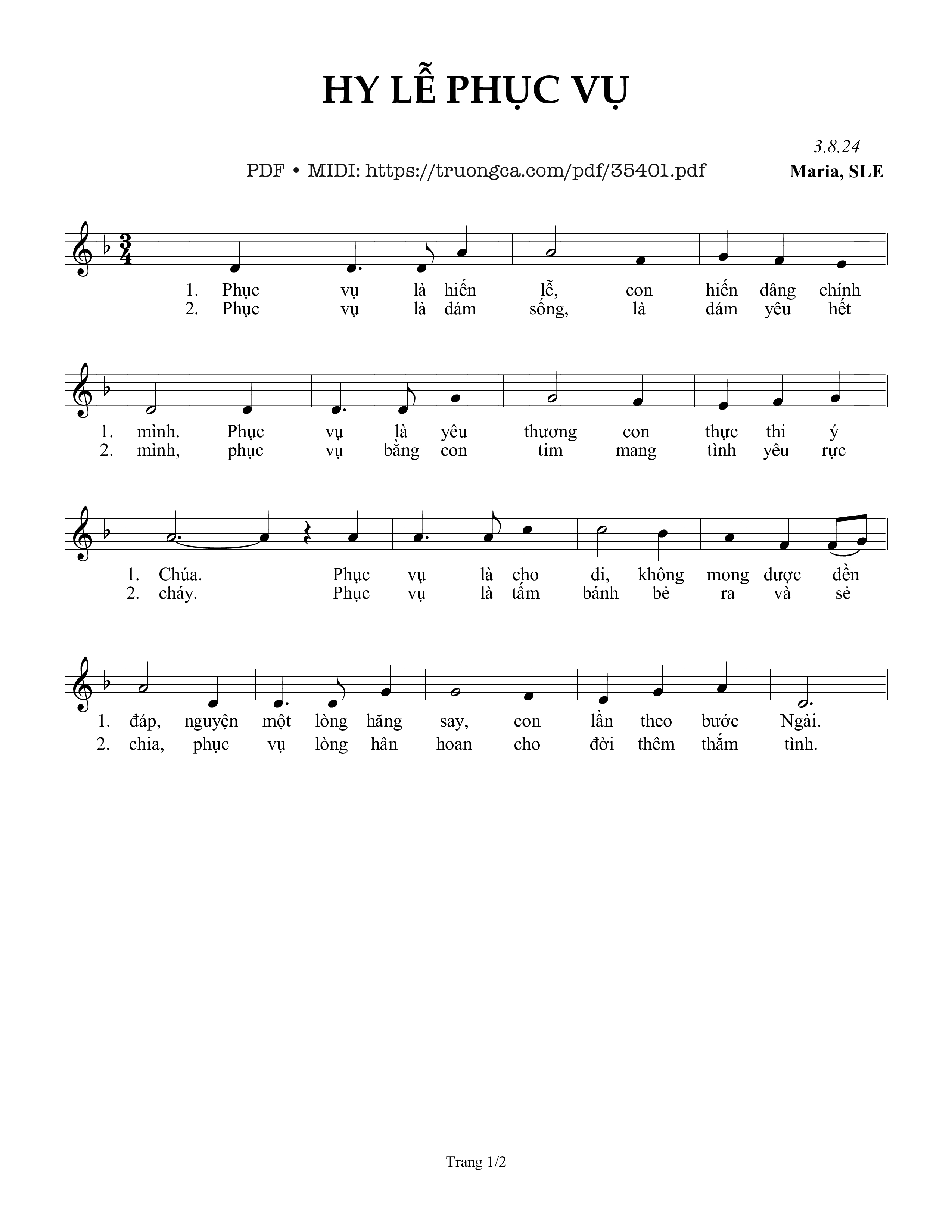 Page 1 of Sheet music PDF Hy Lễ Phục Vụ - Sr. Maria, Sle