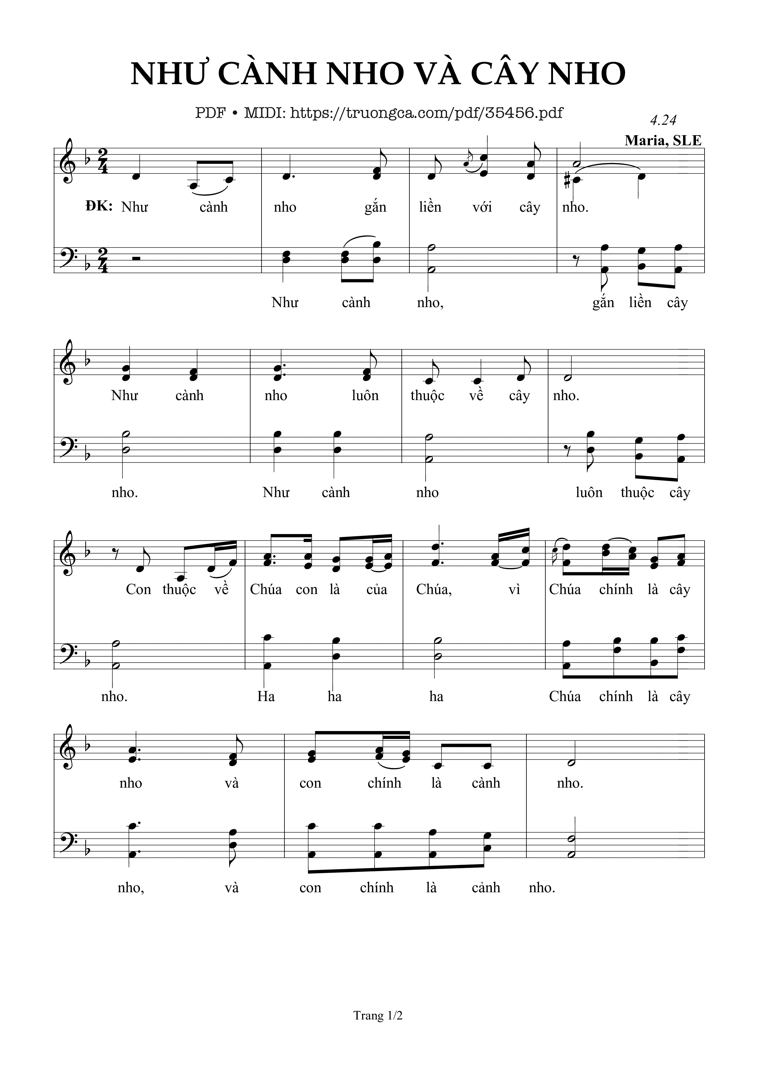 Page 1 of Sheet music PDF Như Cành Nho Và Cây Nho - Sr. Maria, Sle