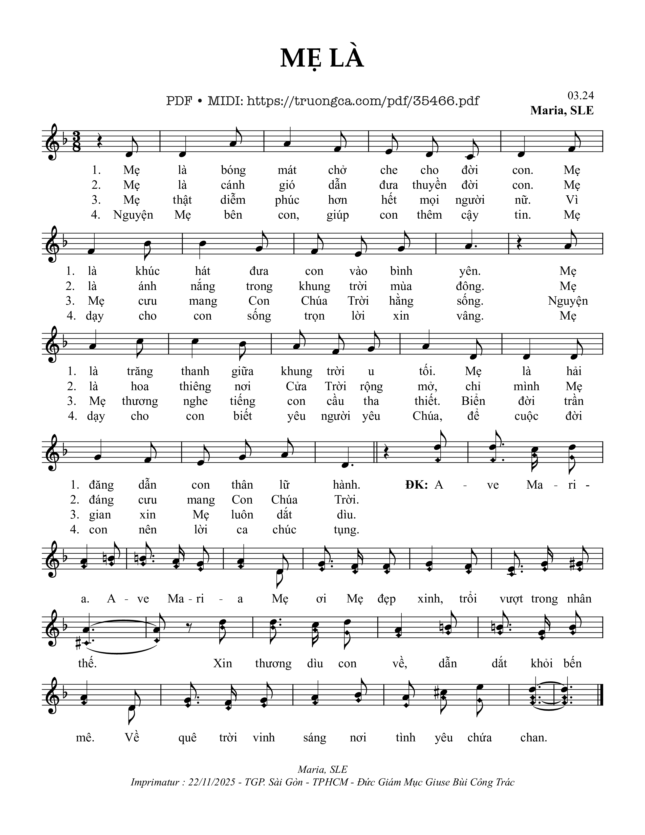 Page 1 of Sheet music PDF Mẹ Là - Sr. Maria, Sle