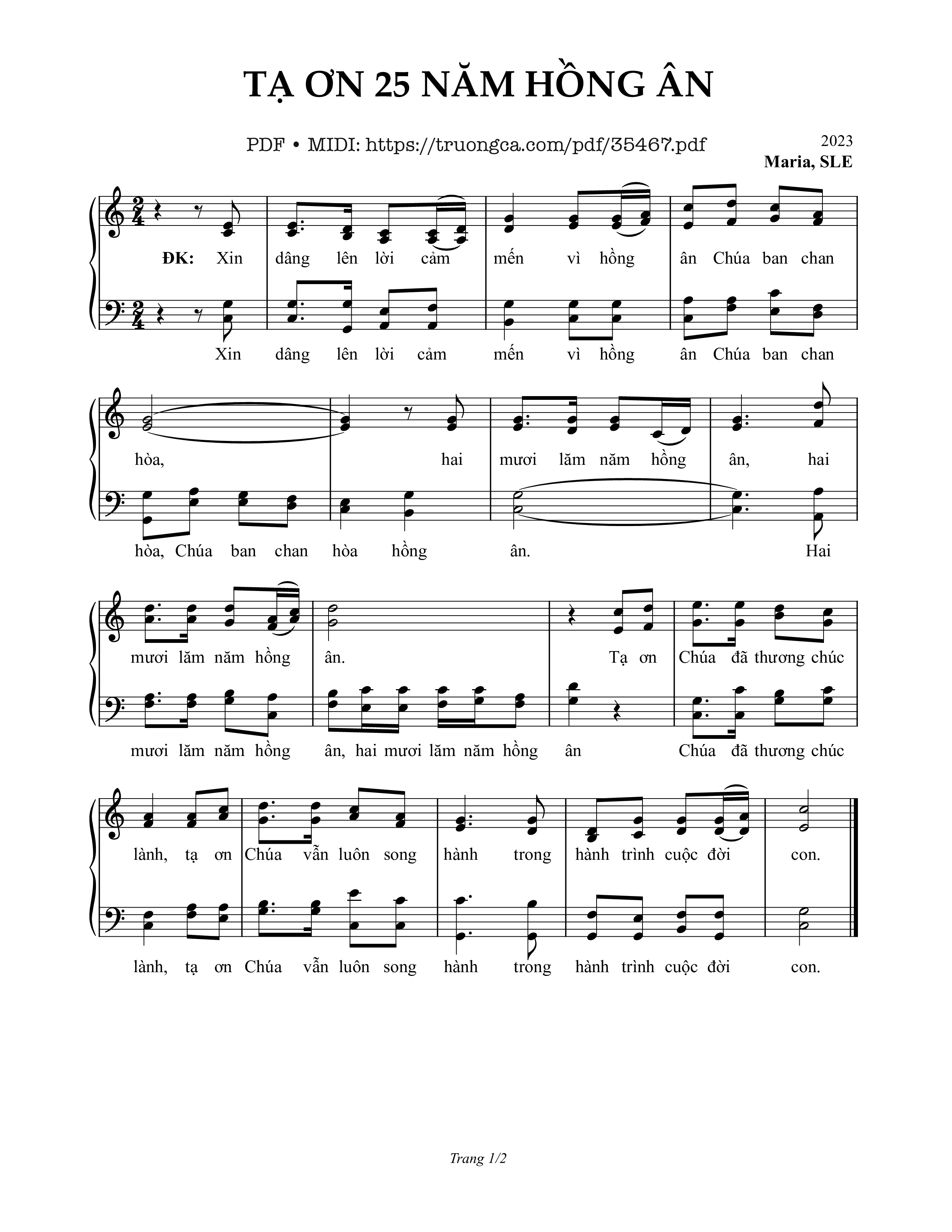 Page 1 of Sheet music PDF Tạ Ơn 25 Năm Hồng Ân - Sr. Maria, Sle