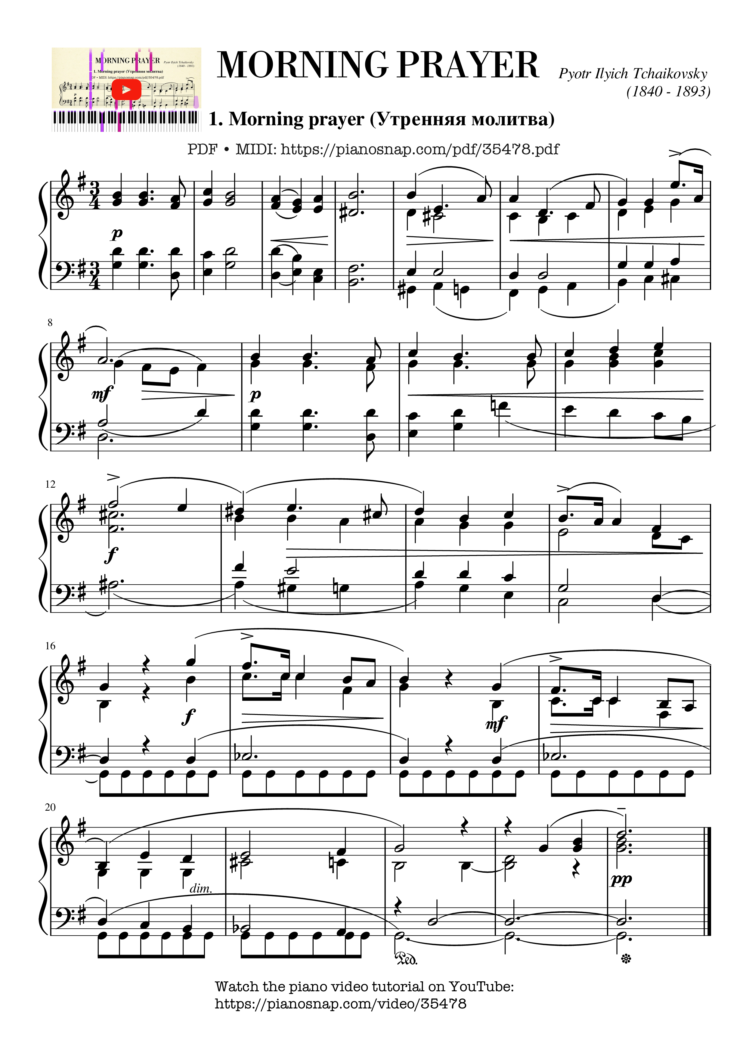 Page 1 of Sheet music PDF Piano Tchaikovsky Morning prayer Piano - Pyotr Ilyich Tchaikovsky