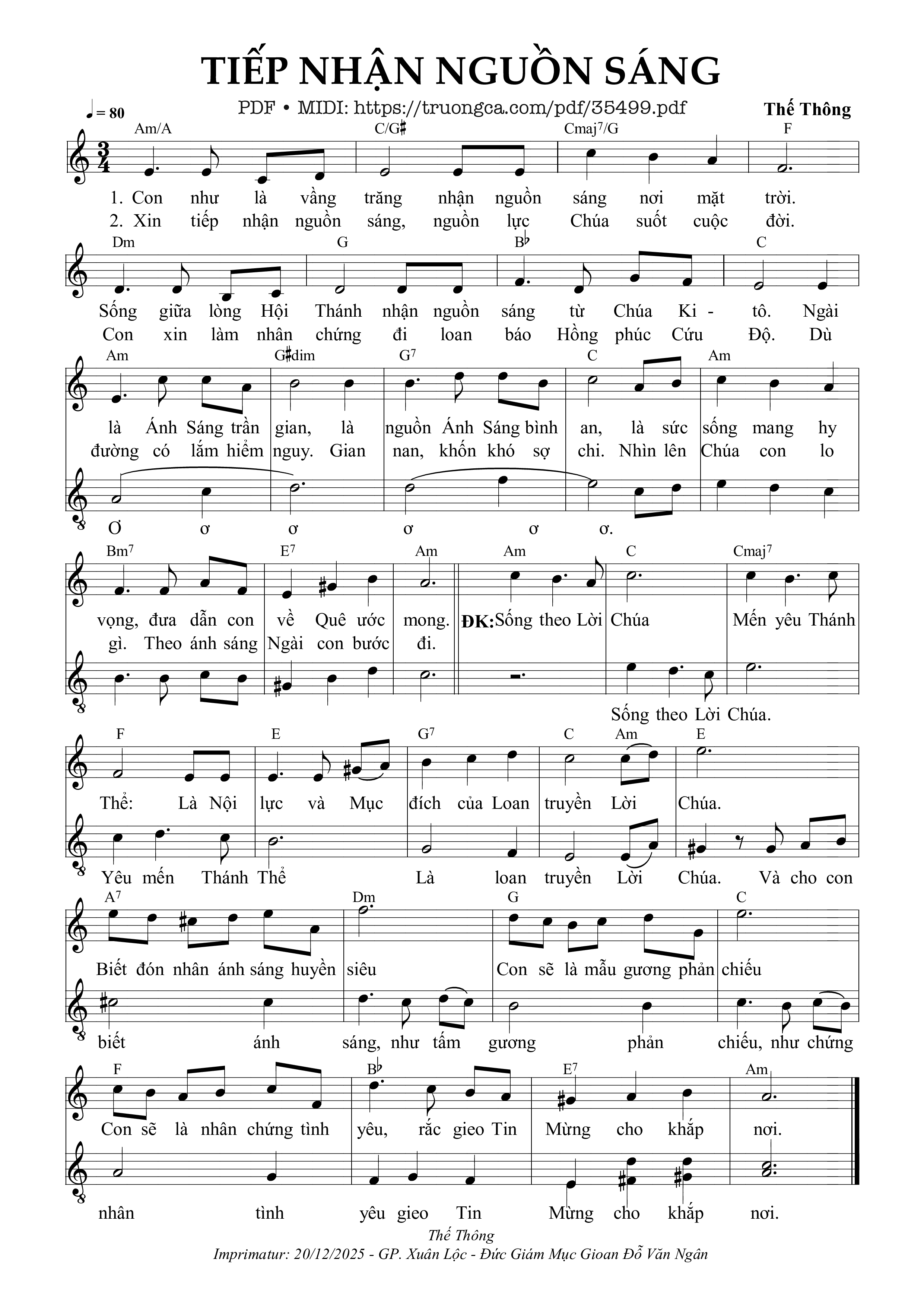Page 1 of Sheet music PDF Tiếp Nhận Nguồn Sáng - Thế Thông