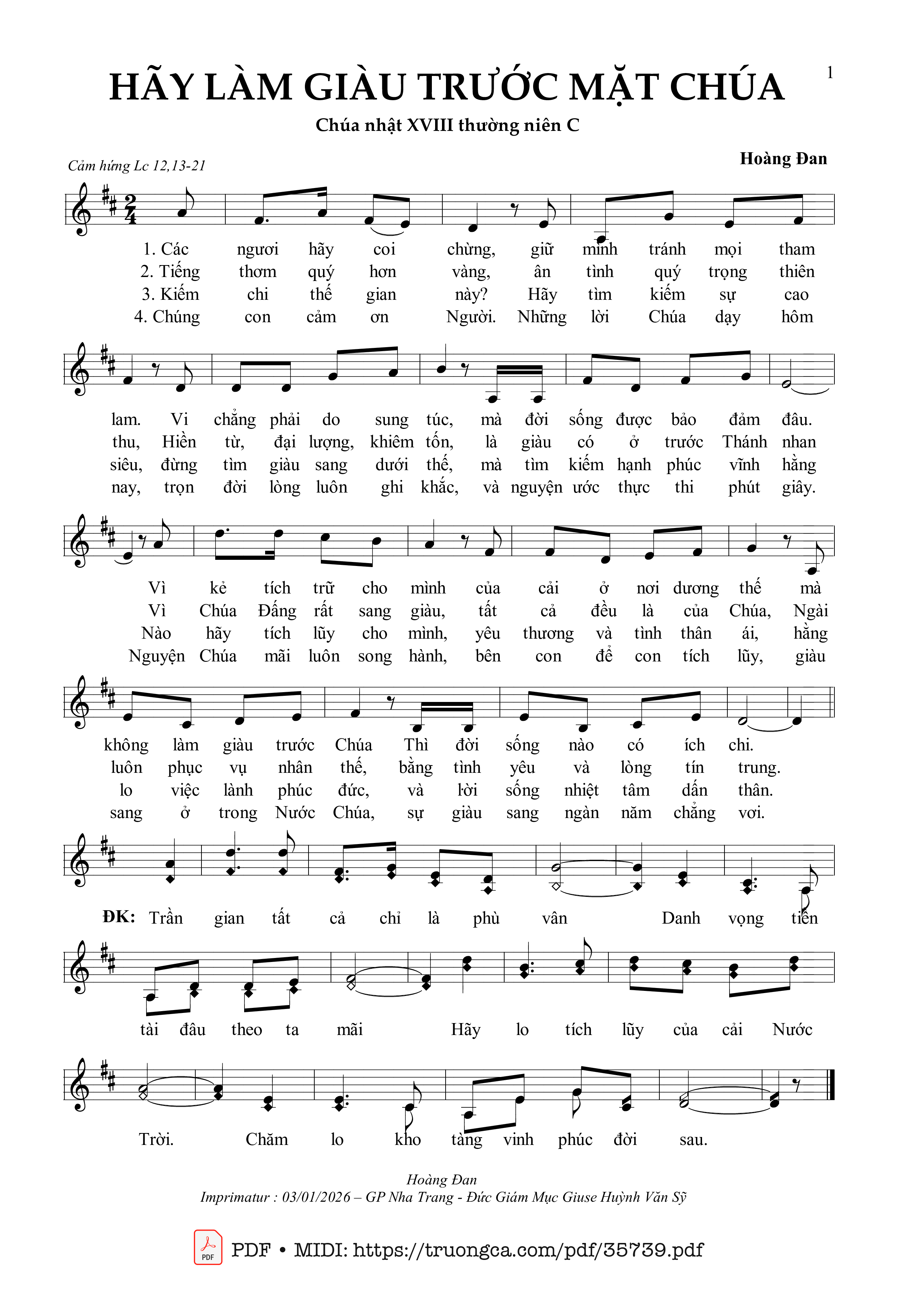Page 1 of Sheet music PDF Hãy Làm Giàu Trước Mặt Chúa - Hoàng Đan