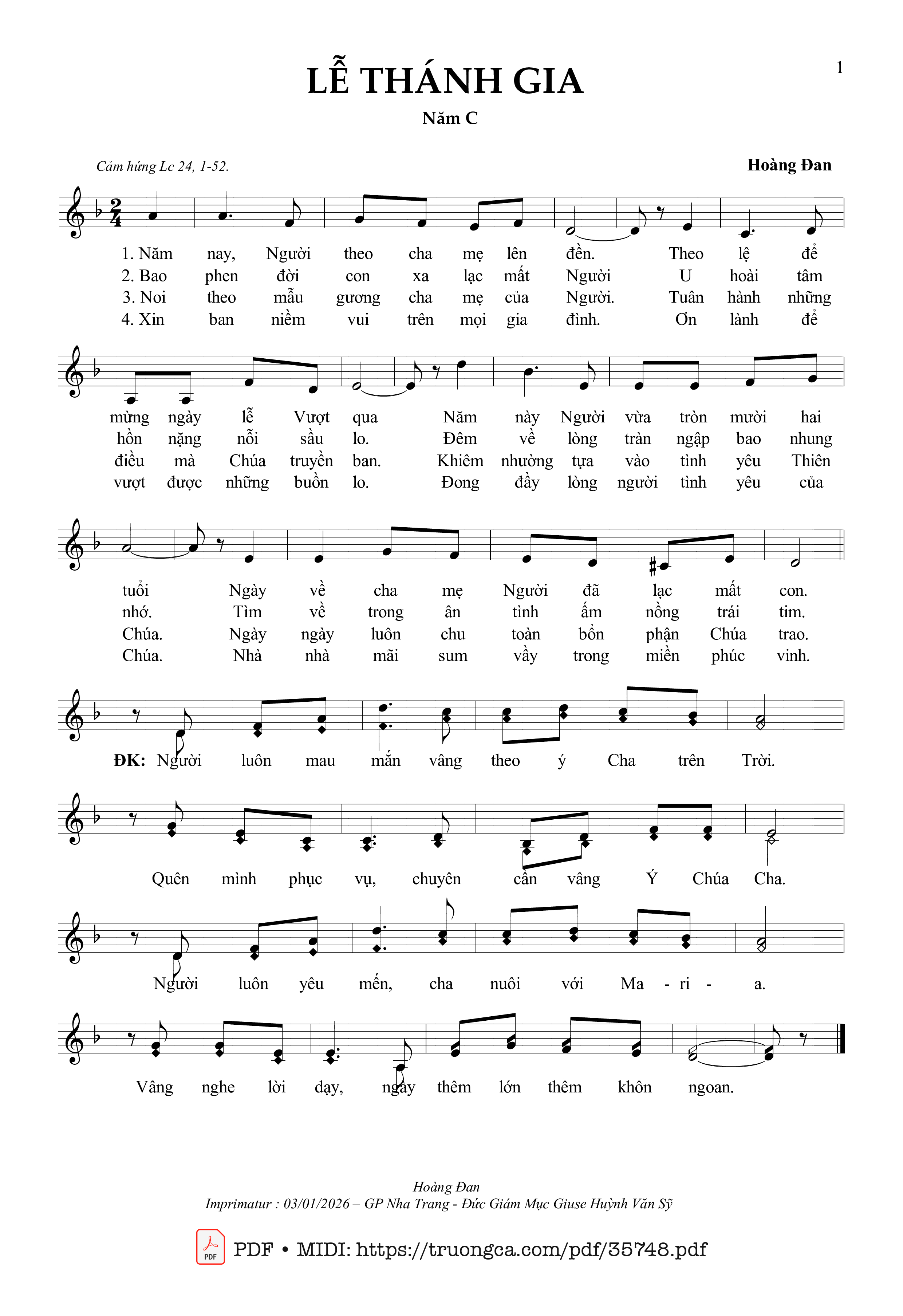 Page 1 of Sheet music PDF Lễ Thánh Gia Năm C - Hoàng Đan