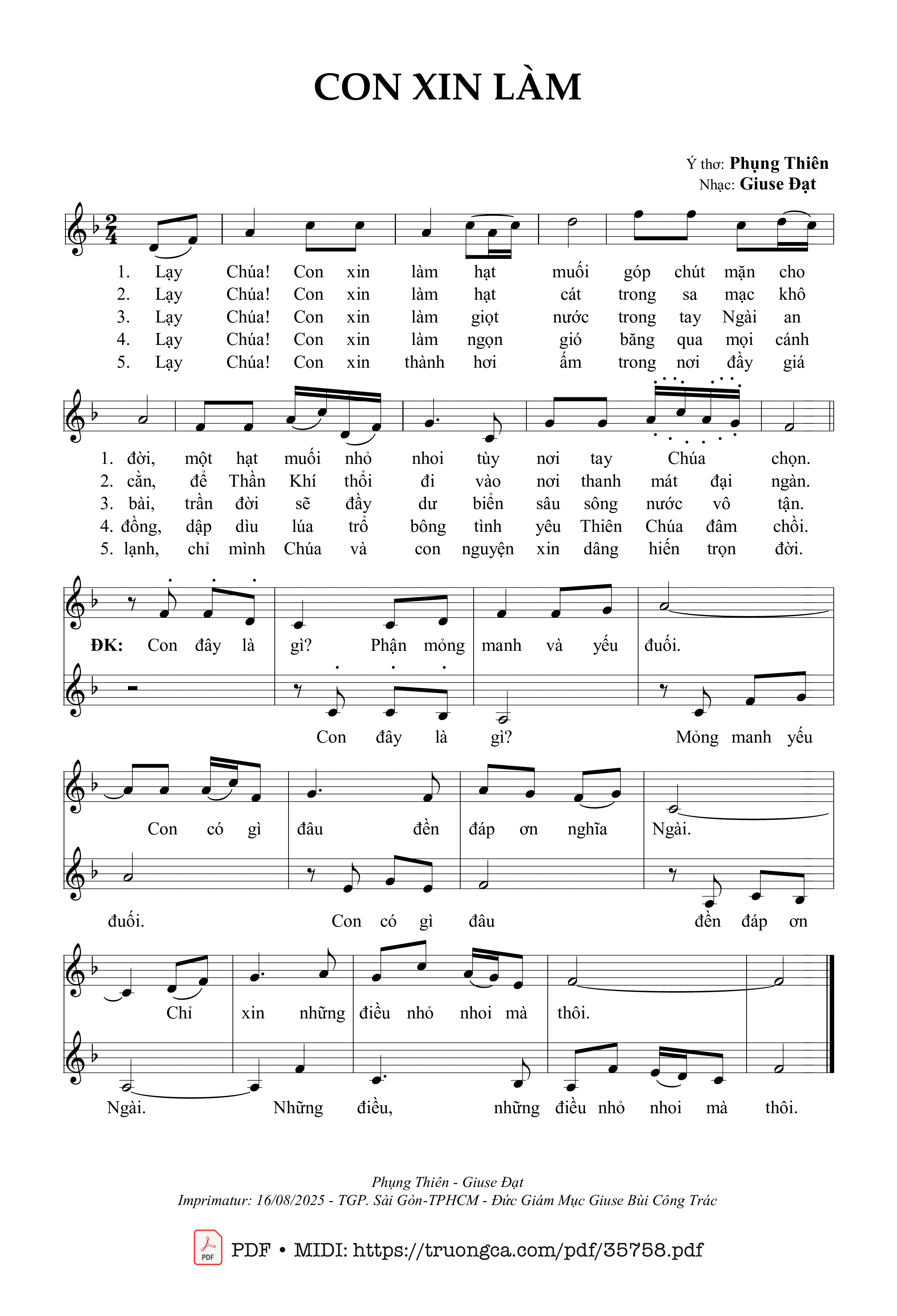 Page 1 of Sheet music PDF Con Xin Làm - Giuse Đạt &Amp; Phụng Thiên