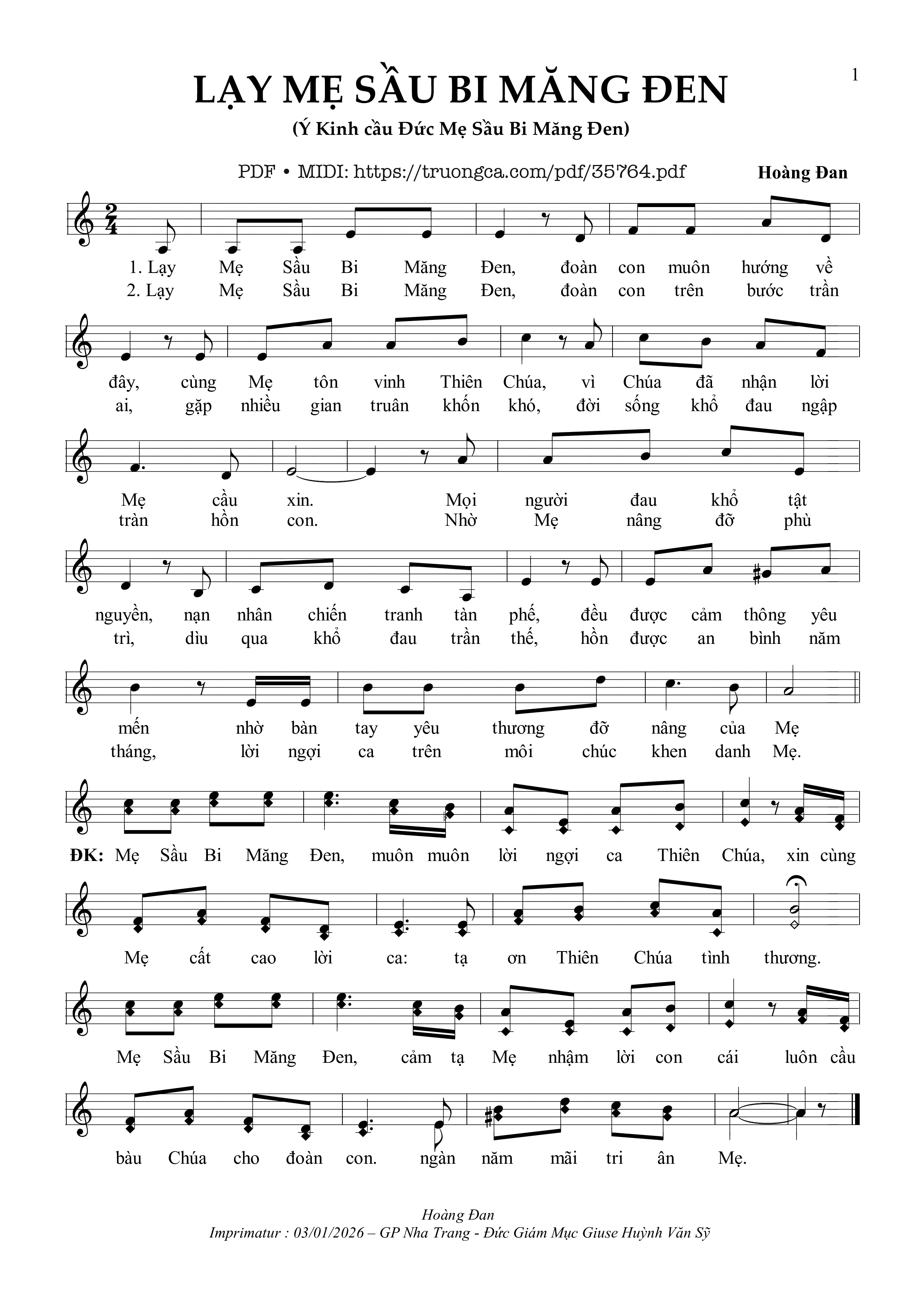 Page 1 of Sheet music PDF Lạy Mẹ Sầu Bi Măng Đen - Hoàng Đan
