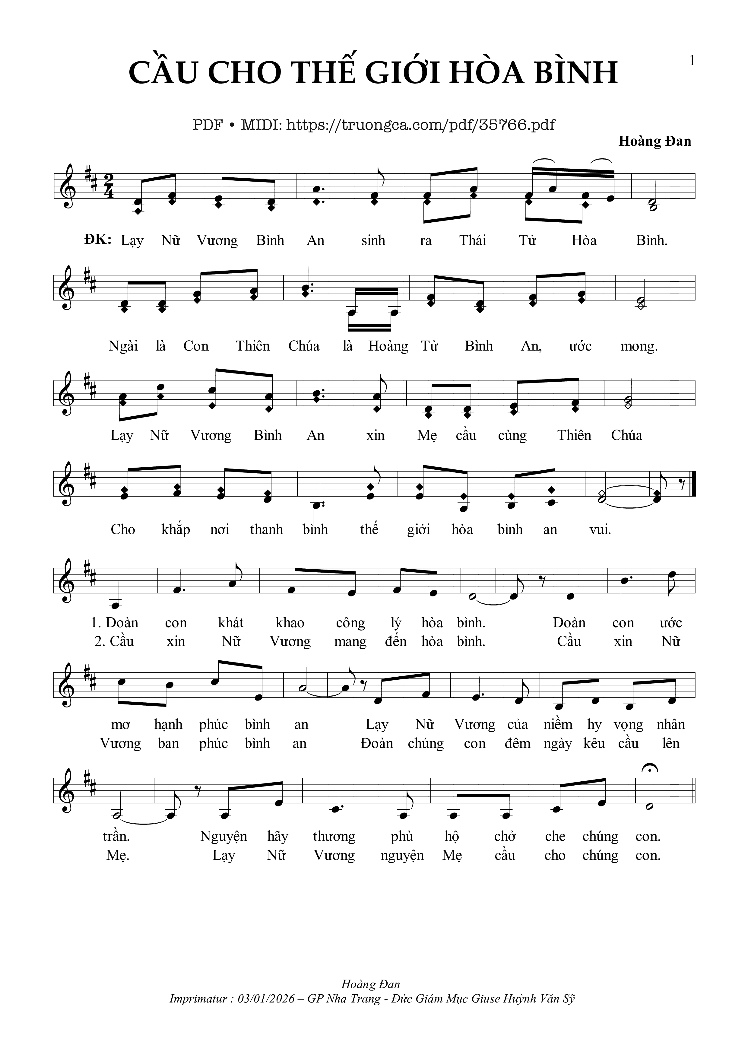 Page 1 of Sheet music PDF Cầu Cho Thế Giới Hòa Bình - Hoàng Đan