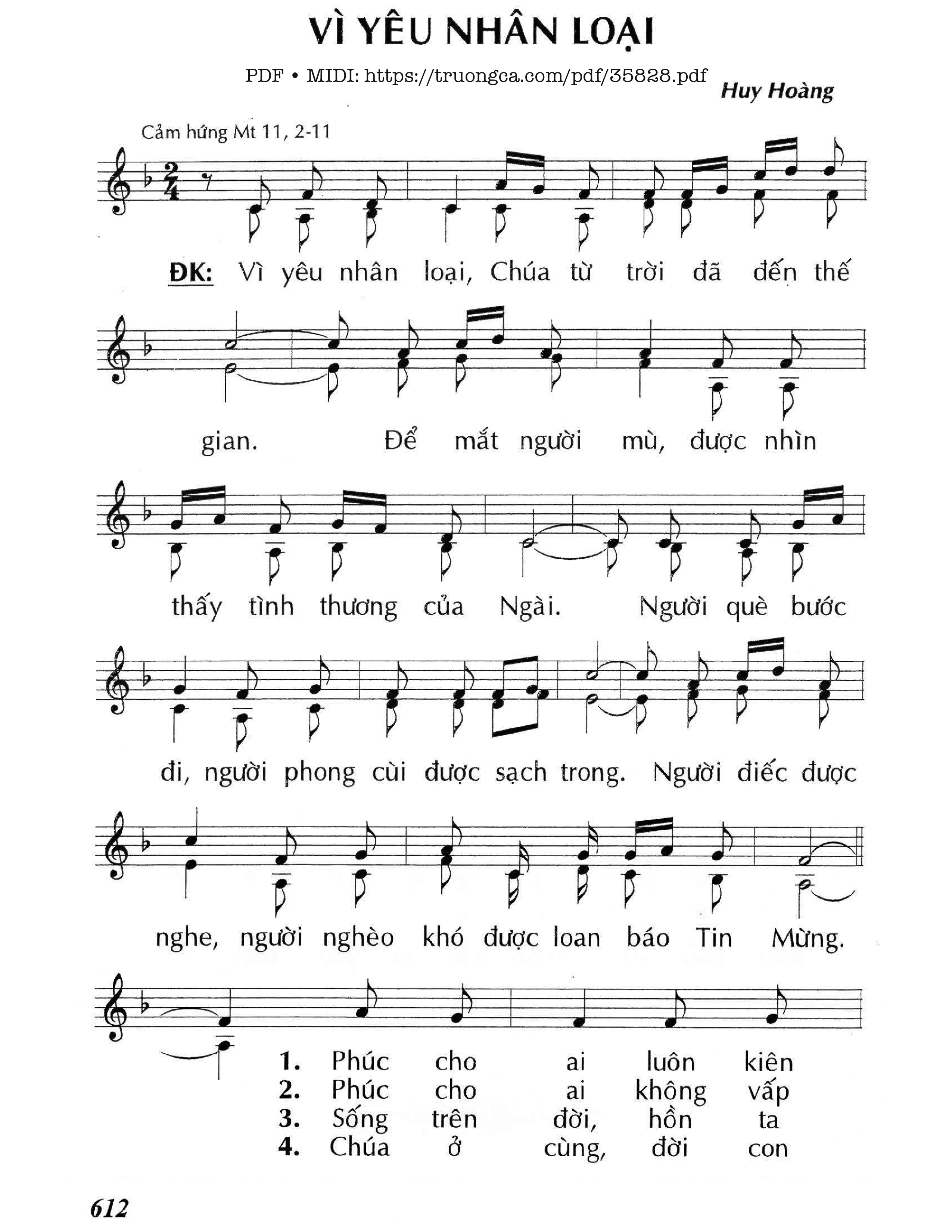 Page 1 of Sheet music PDF Vì Yêu Nhân Loại - Huy Hoàng