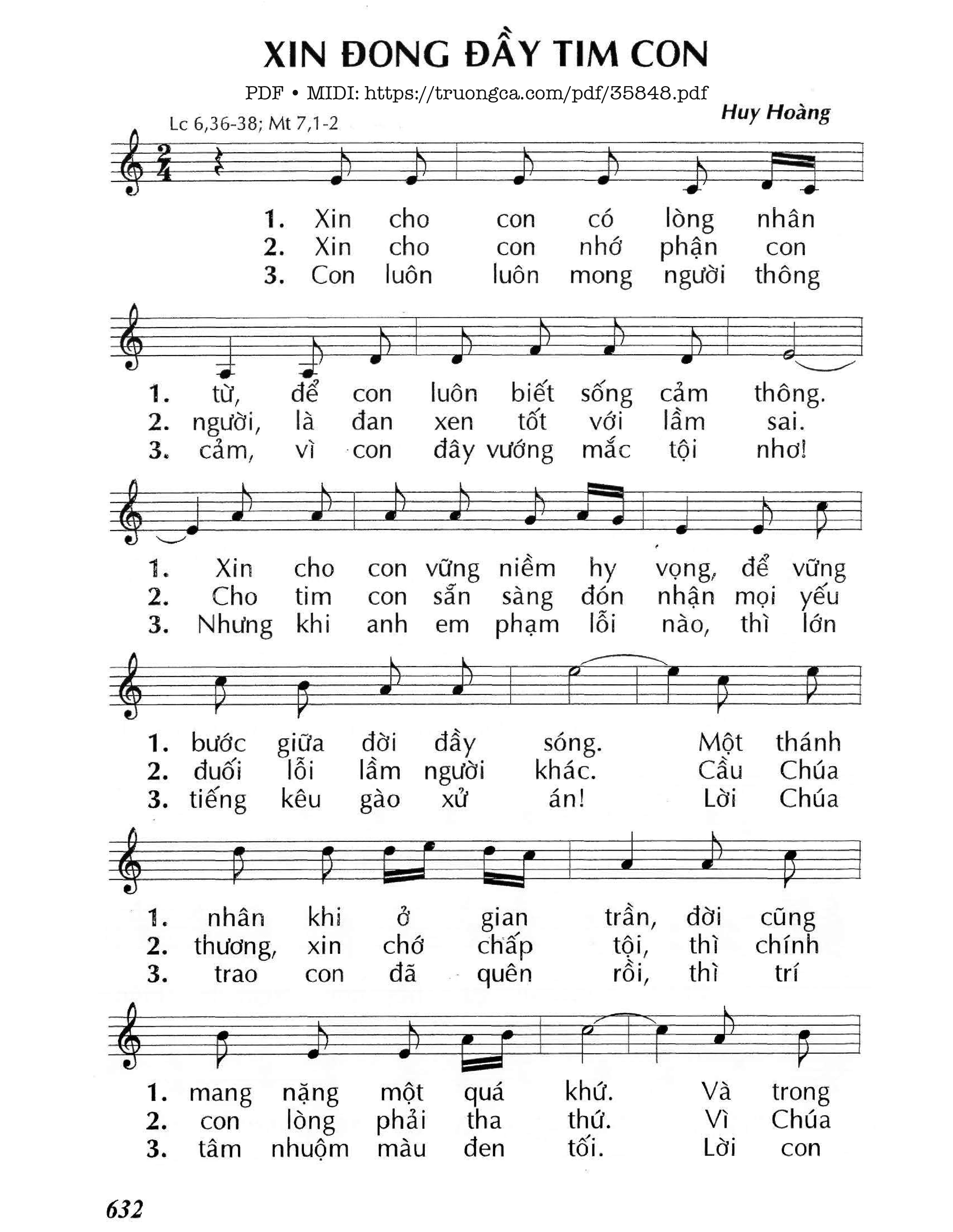 Page 1 of Sheet music PDF Xin Đong Đầy Tim Con [2] - Huy Hoàng