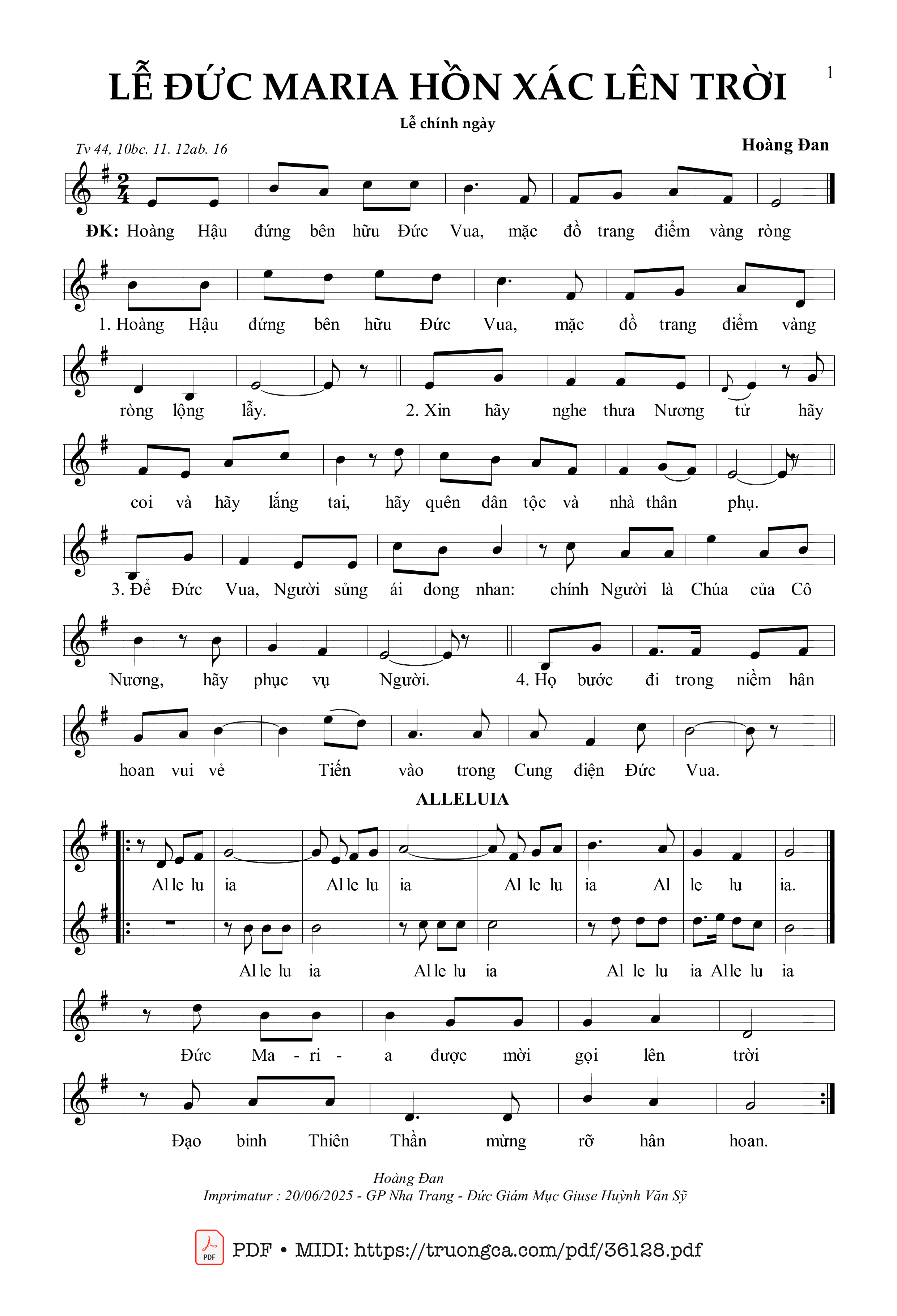 Page 1 of Sheet music PDF Lễ Đức Maria Hồn Xác Lên Trời (Tv 44, Ngày 15/08) - Hoàng Đan