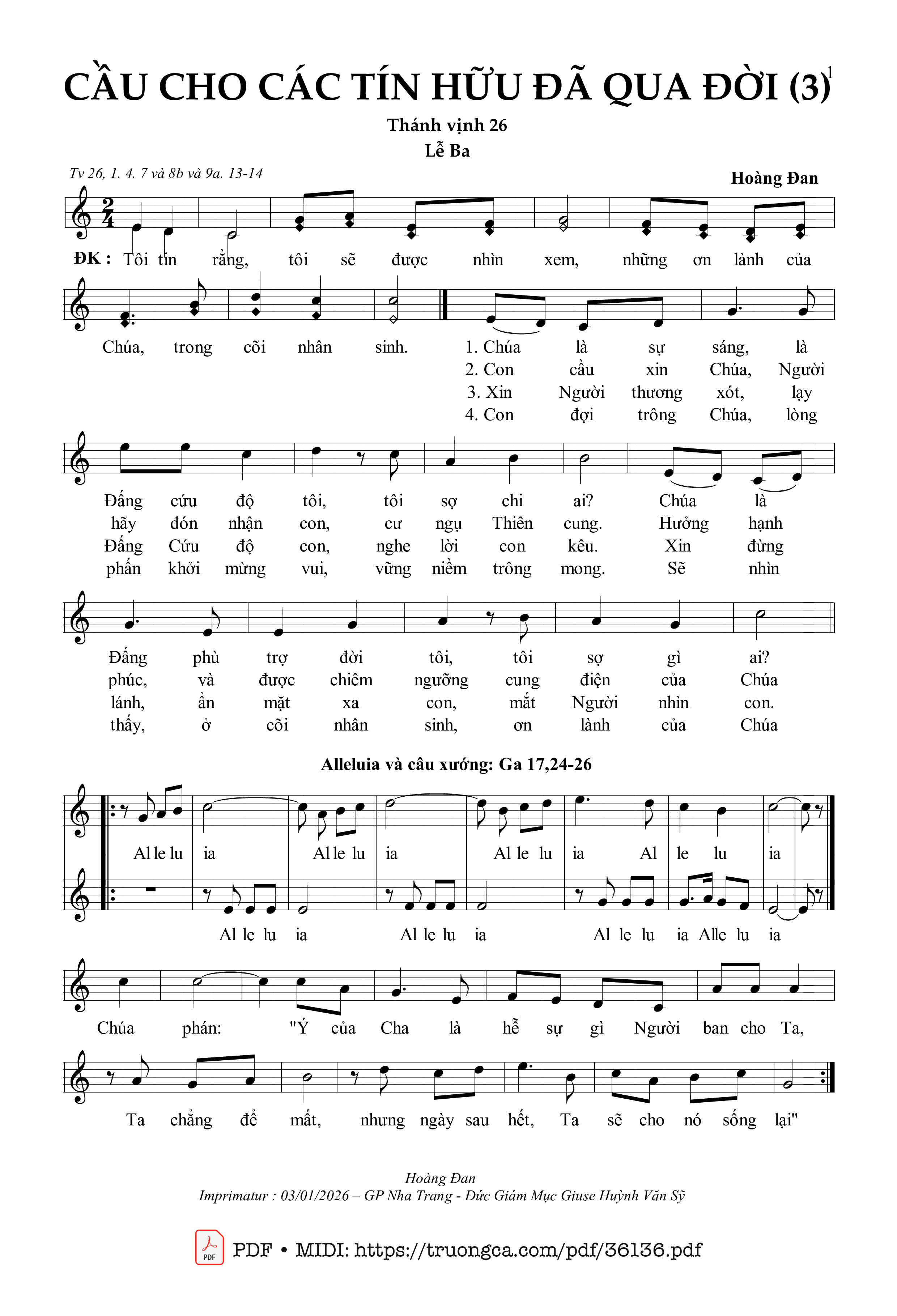 Page 1 of Sheet music PDF Cầu Cho Các Tín Hữu Đã Qua Đời - Lễ Ba (Tv 26) - Hoàng Đan