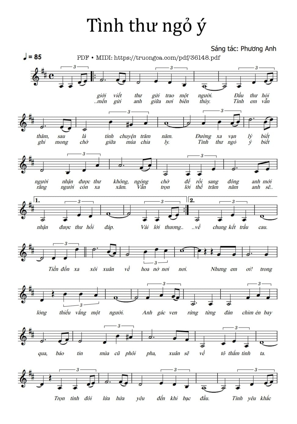 Page 1 of Sheet music PDF Tình thư ngỏ ý - Phương Anh