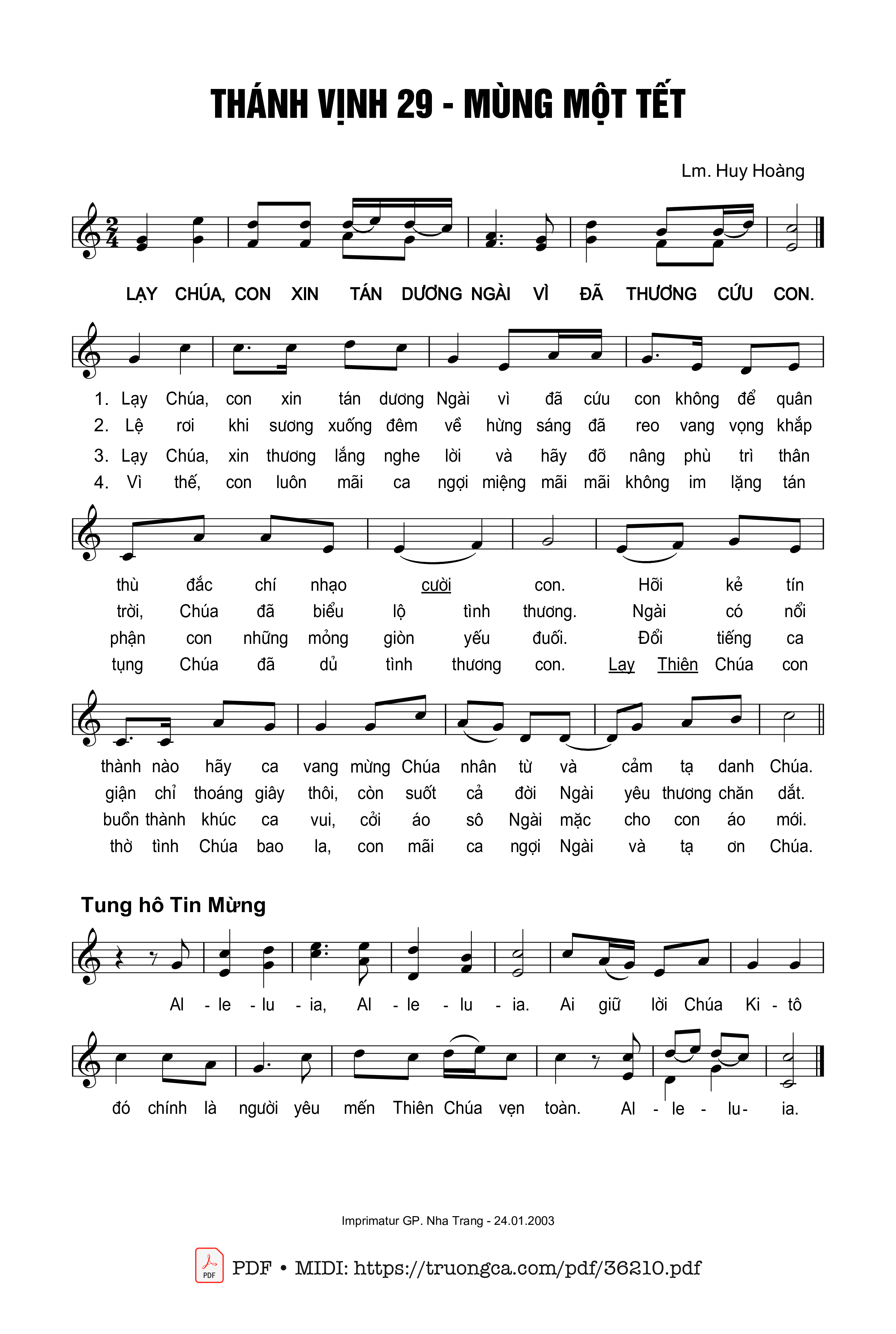 Page 1 of Sheet music PDF Thánh Vịnh 29, Mùng Một Tết - Huy Hoàng