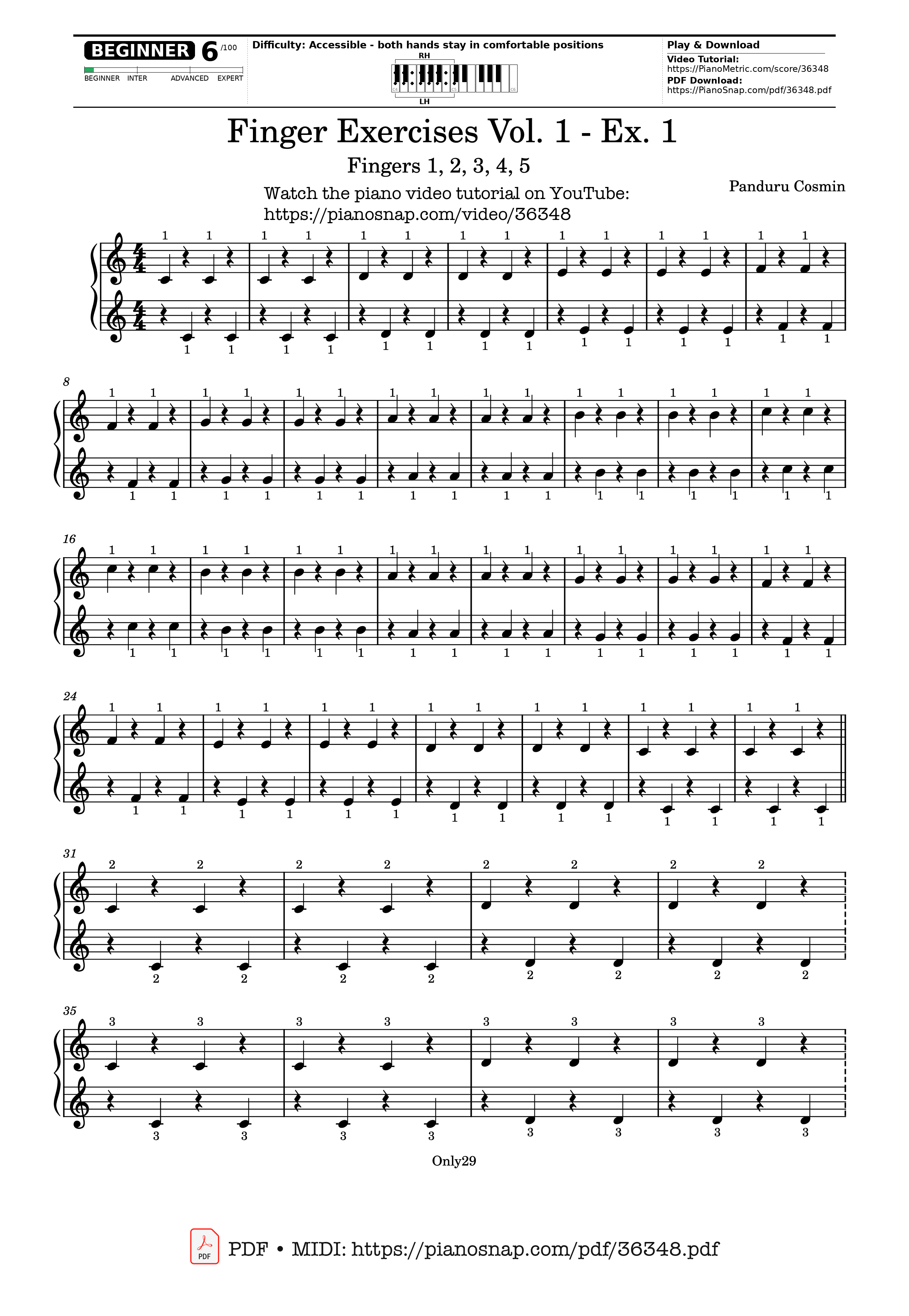 Page 1 of Sheet music PDF Finger Exercises - Vol. 1 - Ex. 1 Piano - Panduru Cosmin