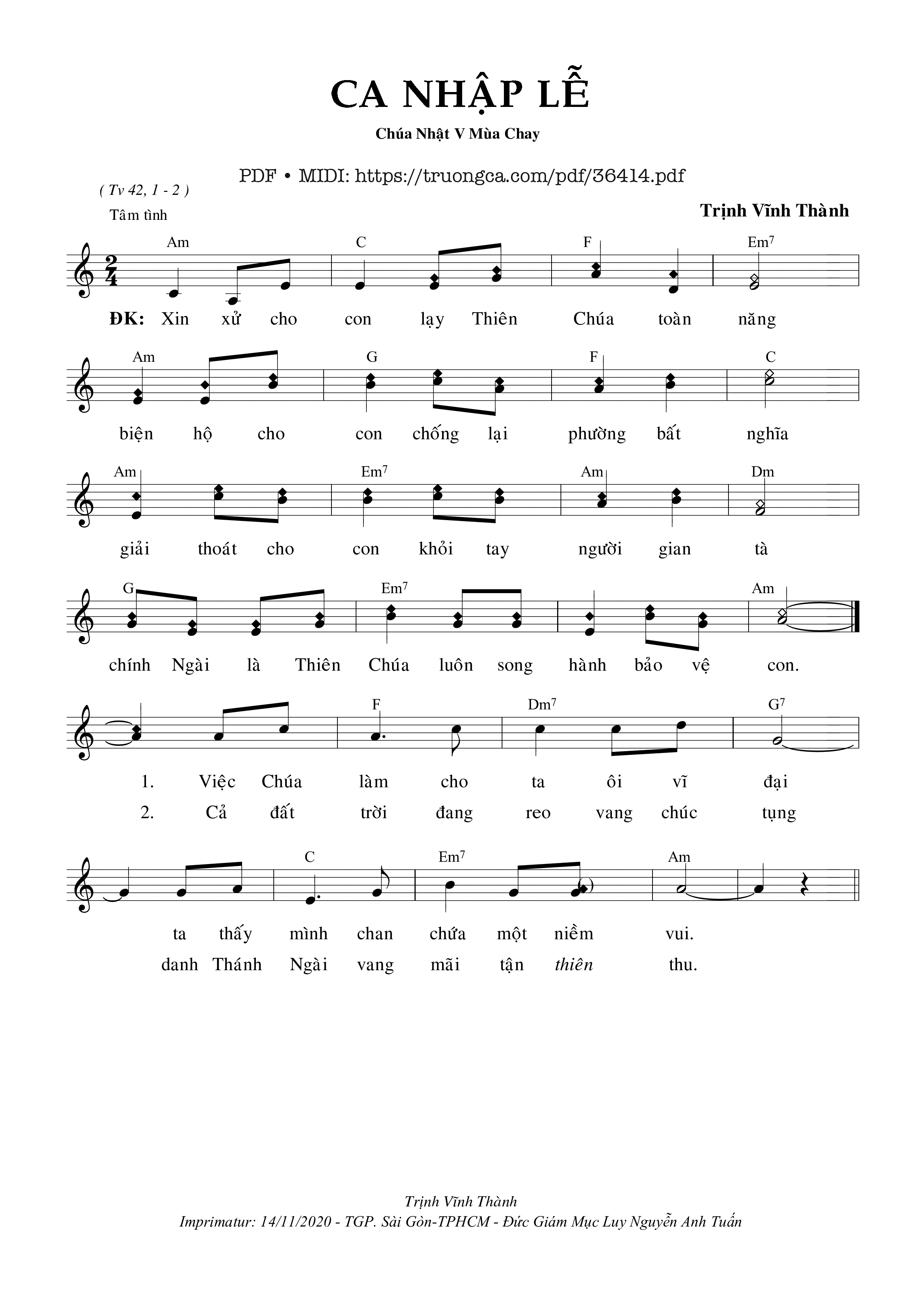 Page 1 of Sheet music PDF Ca Nhập Lễ Chúa Nhật V Mùa Chay - Trịnh Vĩnh Thành