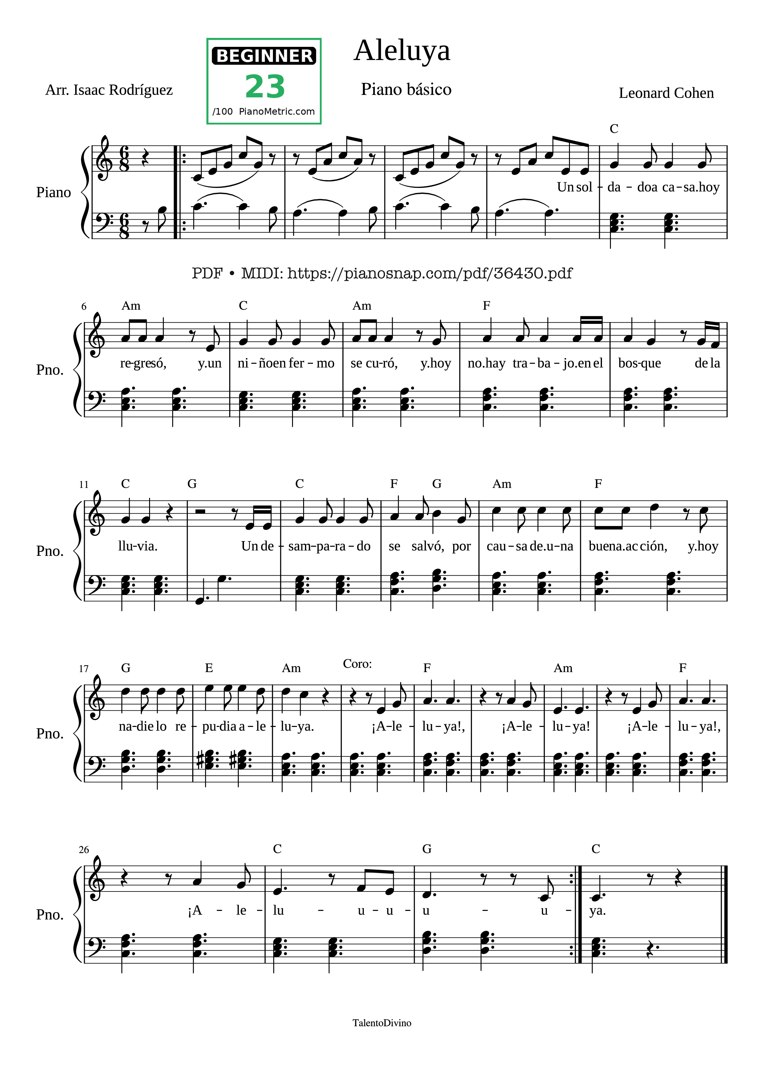 Page 1 of Sheet music PDF Piano Aleluya (Shrek ver.) piano - Leonard Cohen
